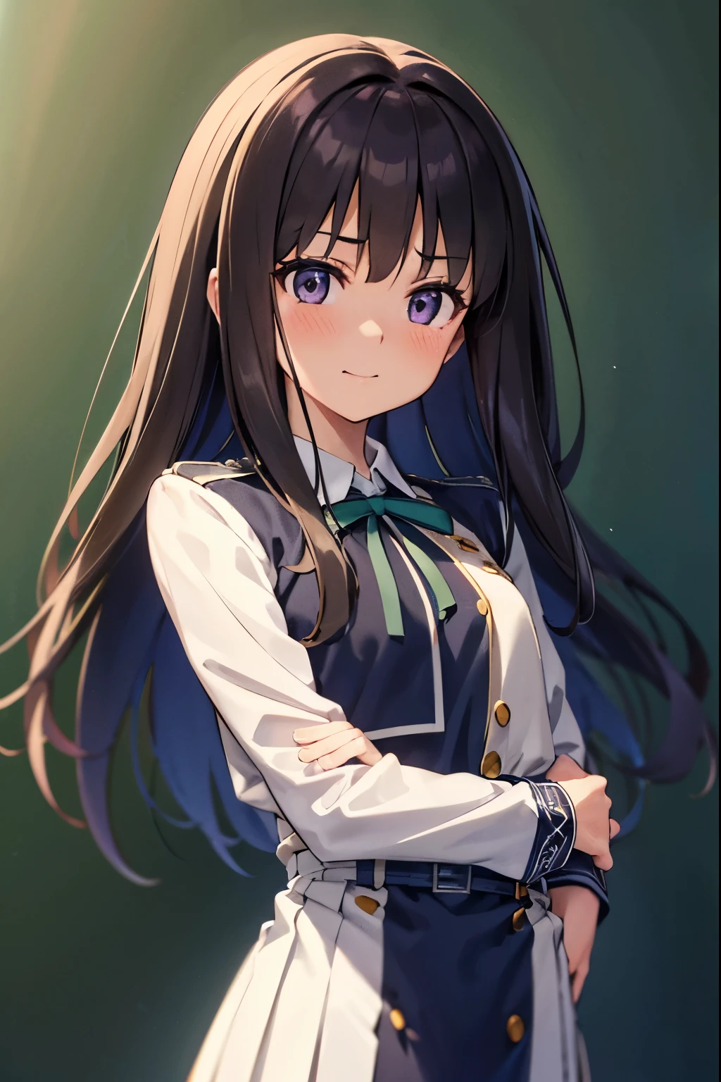 Takiinoue, Takina Inoue, The long-haired, bangss, A dark-haired, (Purple eye:1.2), BREAK Shirt, long-sleeve, onepiece, bow ribbon, student clothes, White shirt, shirt with collar, a belt, Neck ribbon, Blue Dress, Green Ribbon, pleated dress, Gradeless, Two-tone dress, blue obi, Licorice Uniform, Outdoor Break, sity, break (masterpiece:1.2), Top image quality, hight resolution, Unity 8k壁纸, (illustratio:0.8), (Beautiful detail eyes:1.6), extra detailed face、Perfect litthing、extremely details CG、(perfect hand、perfect anatomia)、Takina Inoue、inoue,takina, smiling shyly at viewer and blushing cheeks