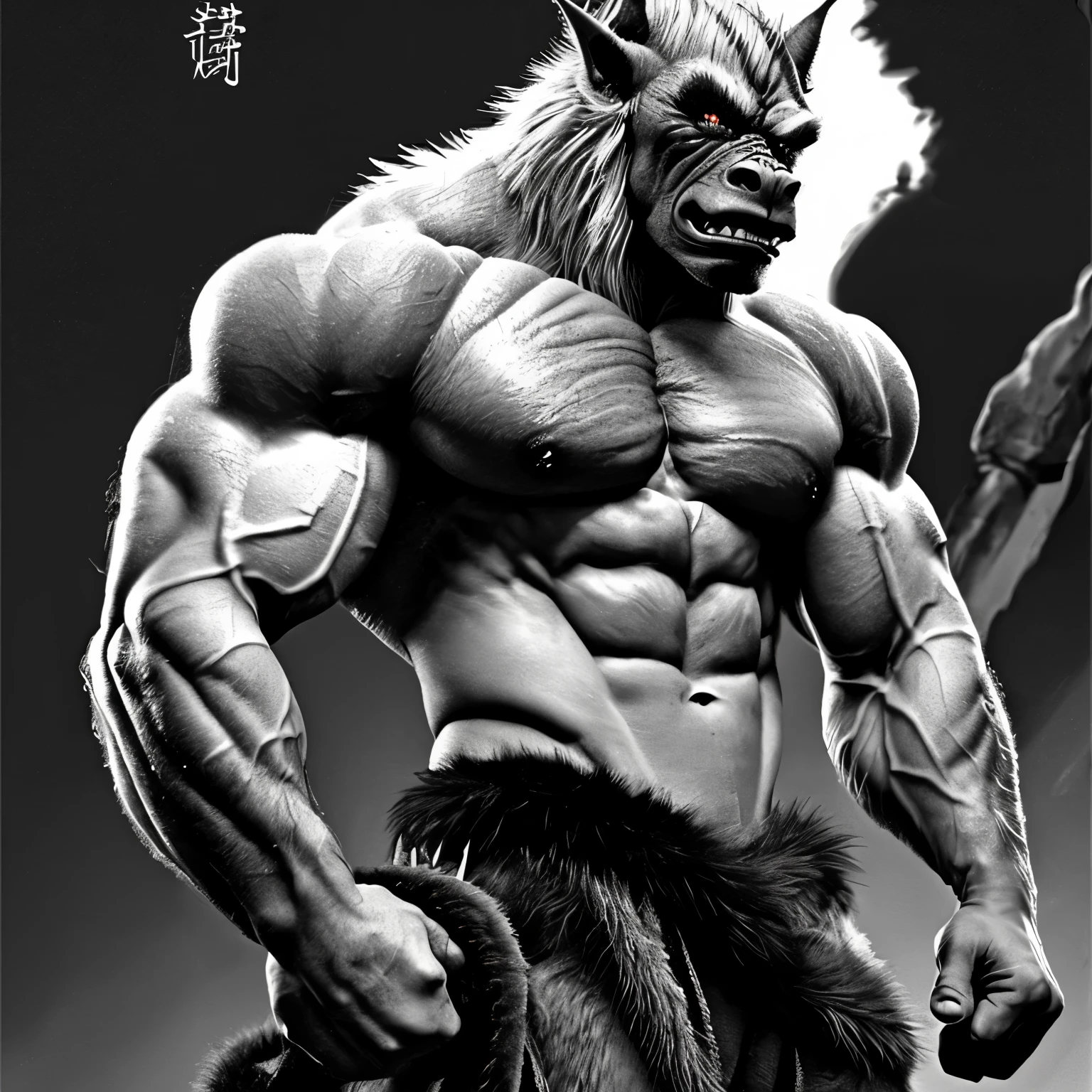 wolf orc,muscle,strong,muscle男,Holding a long sword,abdominal muscles,black and white fur
