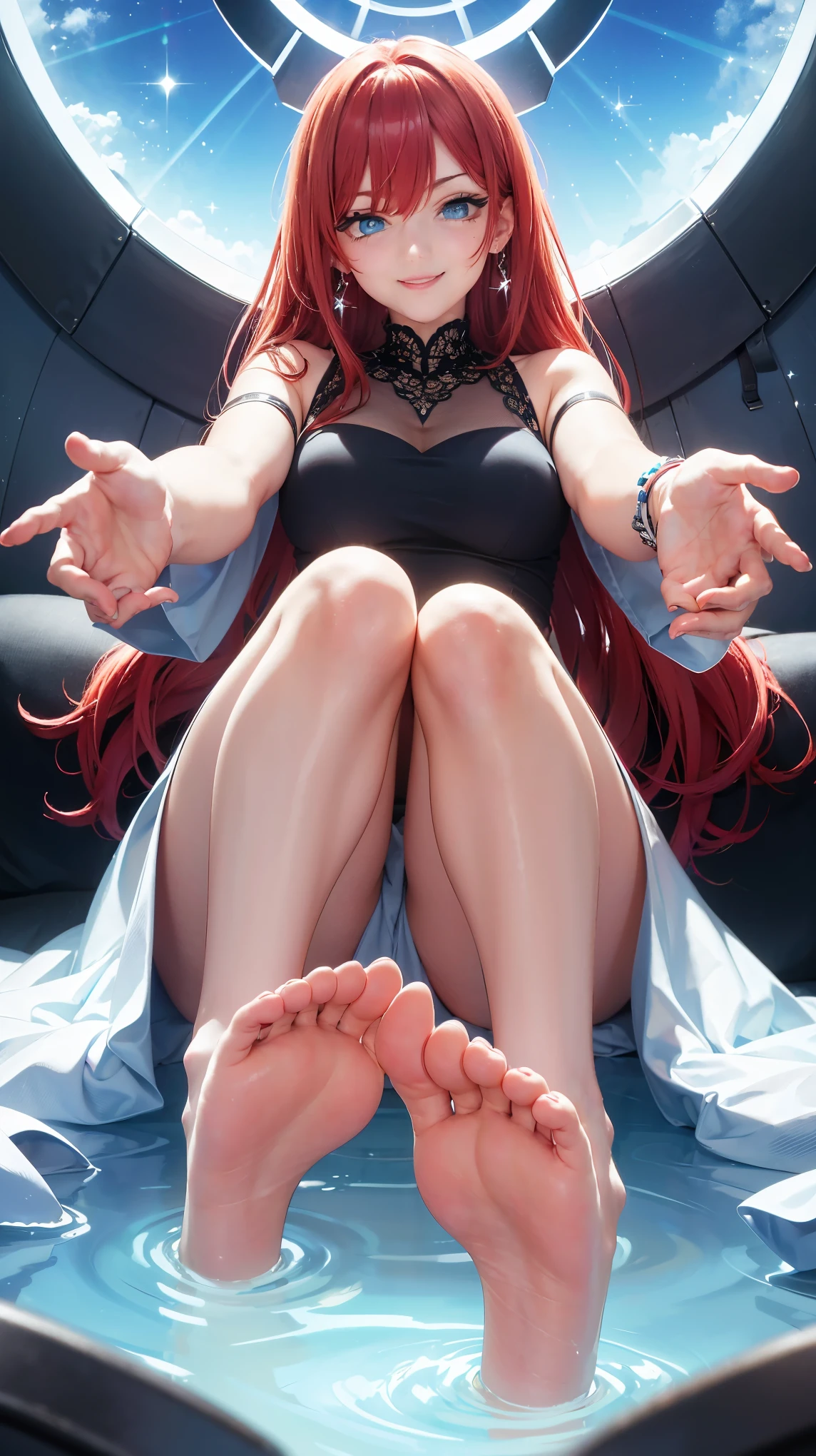 1 woman, sitting down legs outstretched, (((((UHD))))), (((((masterpiece))))), ((((super detail)))), high details, ((((high quality)))), ((((best quality)))), (((highres))), ((((16k)))), ((Shadows)), ((bright red hair)), hair over shoulder, side swept bangs, (tank top and skirt clothing), ((all white clothing pallet)), (colourful), heart-shaped pupils, one eye closed, sparkling eyes, ((big beautiful light blue eyes)), crystal earrings, grin, bright pupils, (evil seductive smile), natural lips, light blush, cheek-to-cheek, sparkle, god rays, backlighting, reflection light, bloom, dutch angle, perspective, from below, from the front, (close up of feet), picture focused on feet((defined jawline)), (Royalty), ((16:9 image), (landscape imagery), feet facing upwards, soles facing camera
