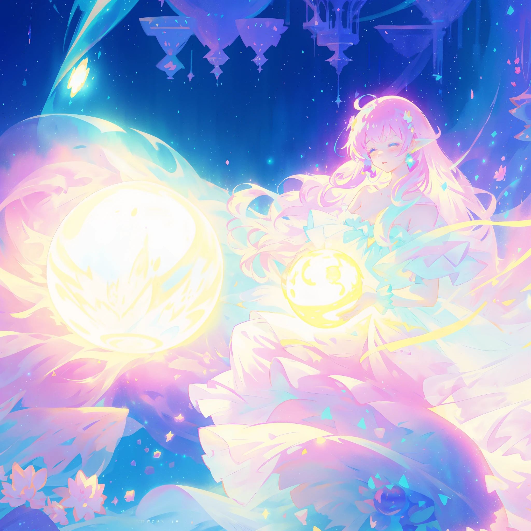 beautiful girl in sparkling white dress holding a magical sphere, ((sparkling puffy layered ballgown)), (magical, whimsical), (glowing magical orb), long flowing colorful hair, colorful fantasia background, watercolor illustration, disney art style, glowing aura around her, glowing lights, beautiful digital illustration, fantasia otherworldly landscape plants flowers, beautiful, masterpiece, best quality, anime disney style