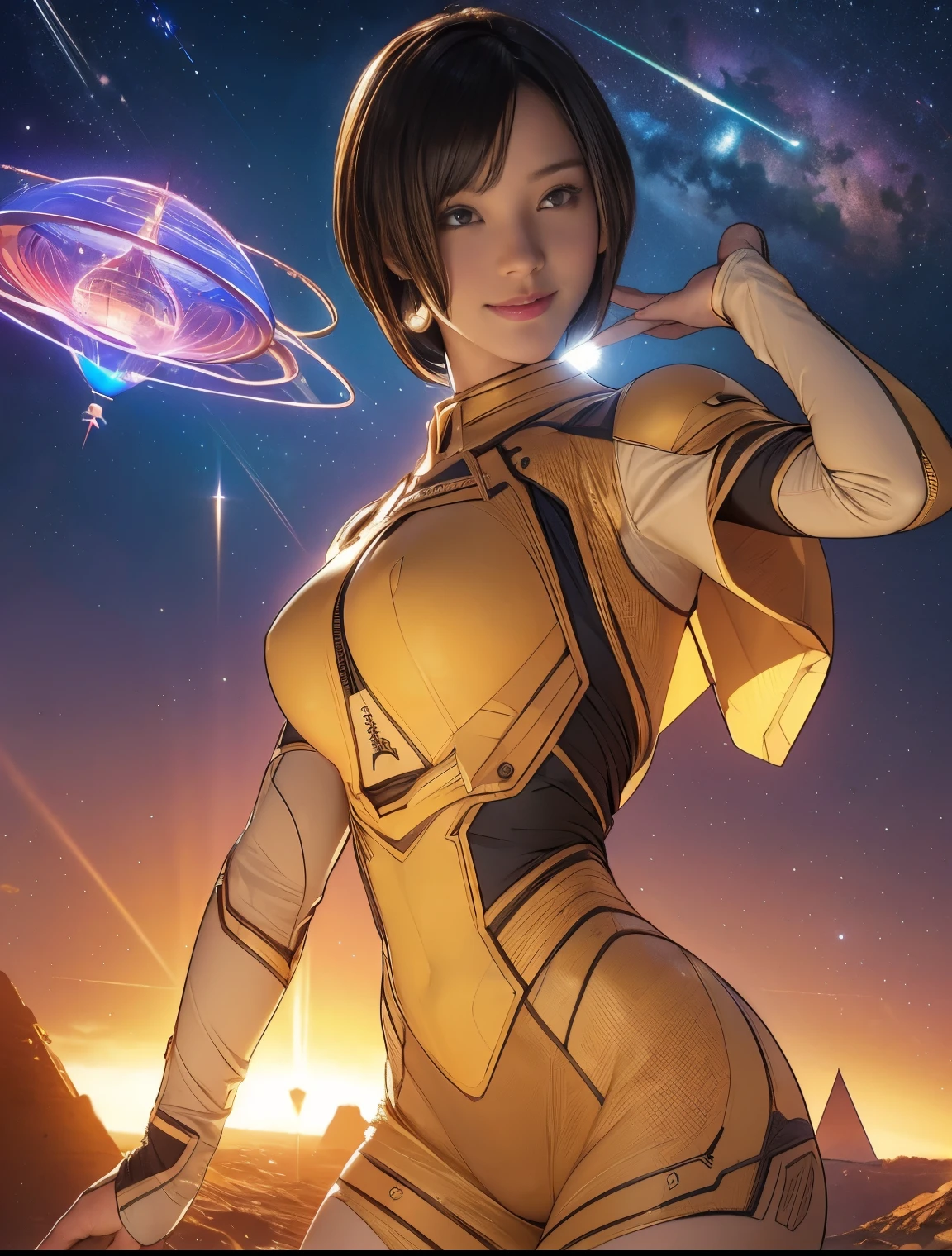 (original photo, best quality), (actual, photorealism:1.3), 1 girl, bob cut、earrings、Smile、actualbody,old space costume、ancient、rock、ancientの儀式、Pyramid shaped UFO flying from space、laser light、, (((camel toe))), (( Japanese girl))
