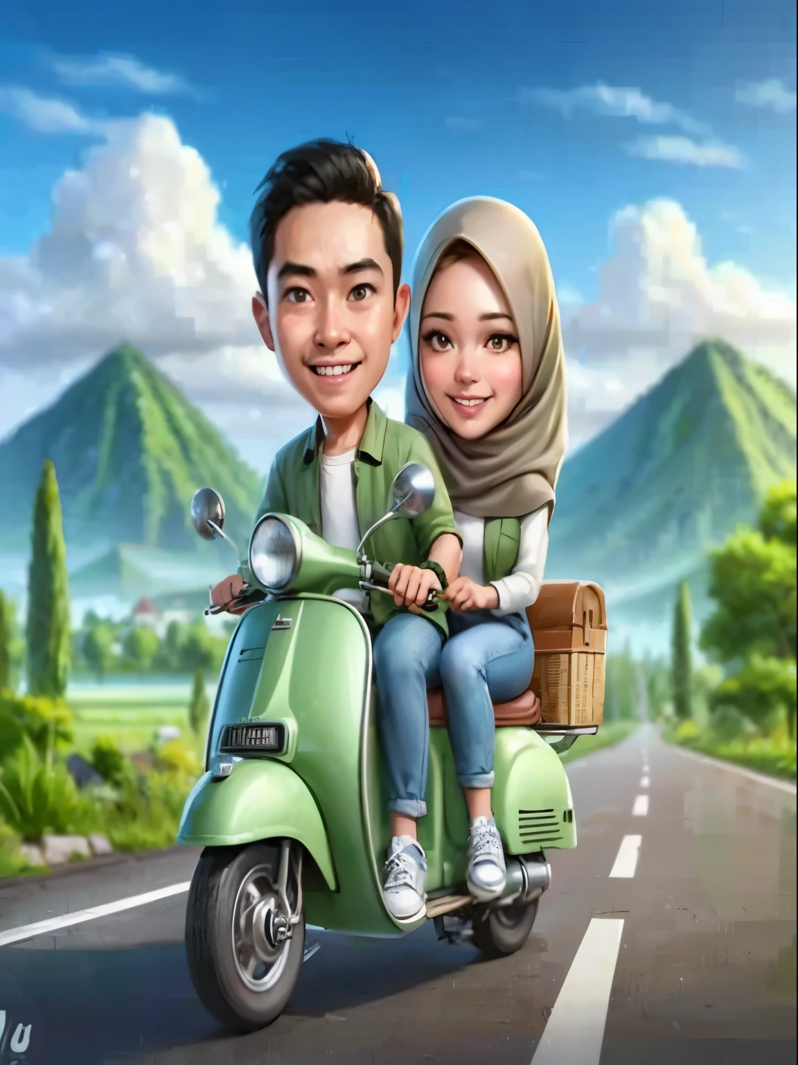 cartoon couple riding a scooter on a road in the countryside, digital art cartoon, cartoon artstyle, cartoon art, cartoon digital art, realism artstyle, in cartoon style, inspired by Rudy Siswanto, by Abidin Dino, cartoon digital painting, cartoon art style, cartoon style illustration, digital cartoon painting art, trending on devian art, caricature illustration