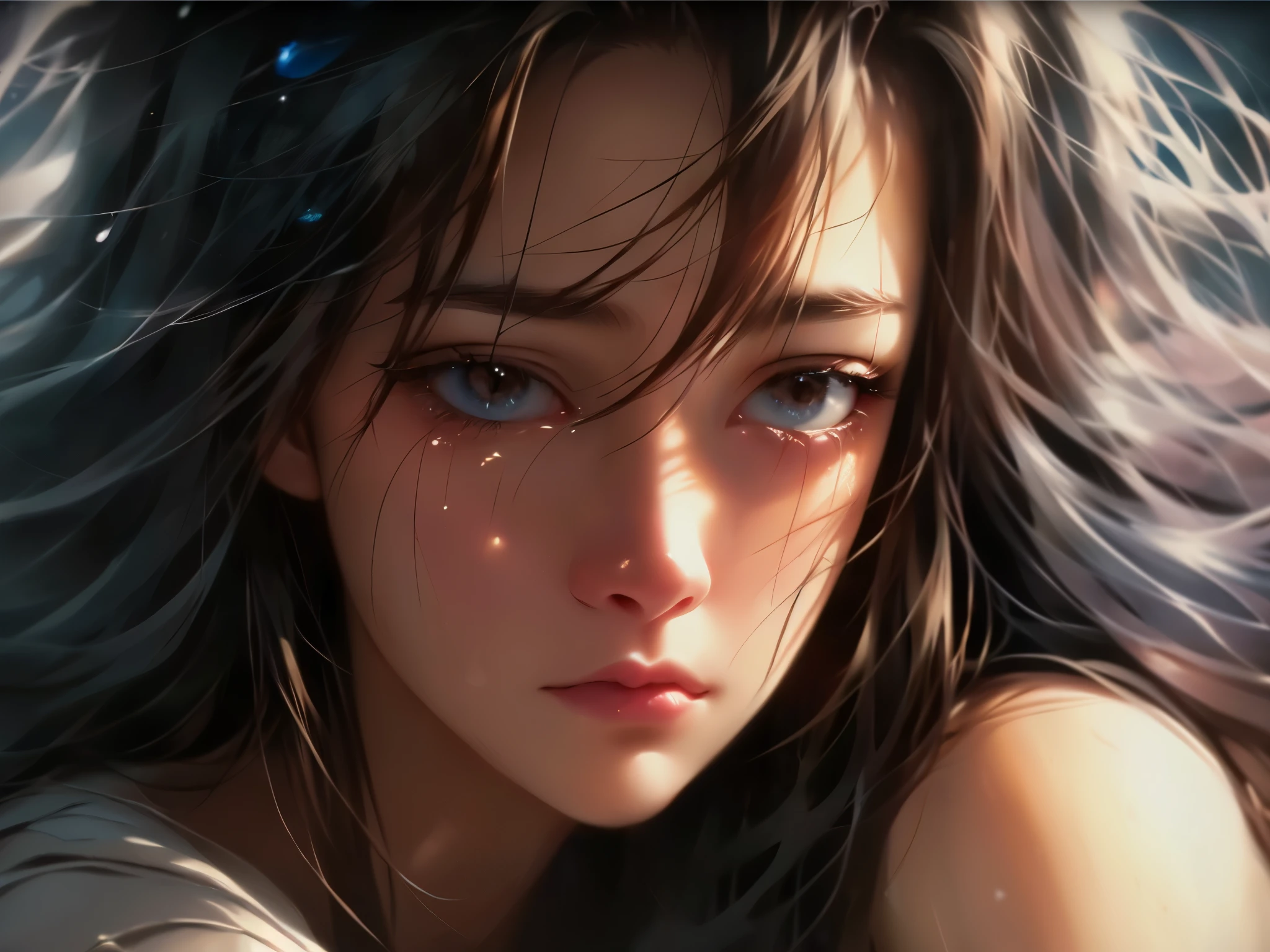 (best quality,4k,8k,highres,masterpiece:1.2),ultra-detailed,(realistic,photorealistic,photo-realistic:1.37),girl,crying,teardrops,expressive face,sad eyes,sorrowful expression,streaming tears,pale skin,emotional,delicate facial features,soft lighting,subtle shadows,artistic portrait,emotional turmoil,lush hair,wavy hairstyle,dark background,wistful gaze,deeply distressed,heartbreaking scene,loneliness,quiet atmosphere,gentle sorrow,artistic rendering,vibrant colors,visual narrative,medium:oil painting,detailed brushstrokes,subtle textures,graceful posture,heartfelt emotion,solitude,fragility of emotions,dramatic realism,poignant moment,beautiful sadness,emotional depth,varied tones,ethereal beauty