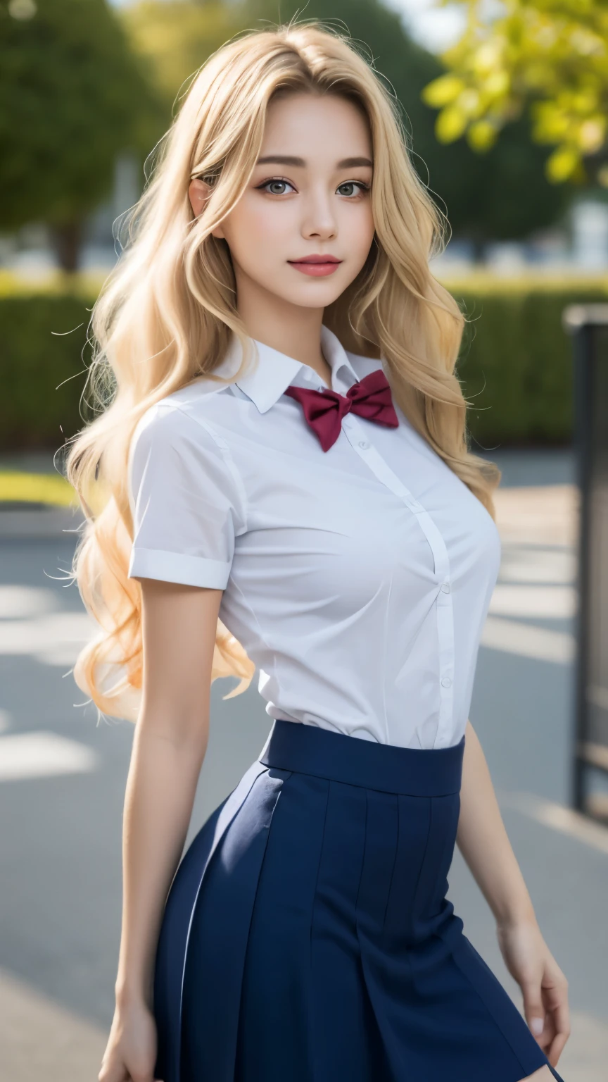 ((High school girl walking in the park))、((Translucent wet white blouse、red bowtie、Dark blue checked skirt)). 40k, Photography, masutepiece, Best Quality, dark grey background, ((1 Gorgeous bright wet blonde girl with beautiful eyes, She wears glasses on her beautiful face, )). White skin, Poses variadas.((breasts of medium size,:1.1)), Best Quality, masutepiece, Ultra high definition, (Photorealistic:1.4), Raw photo, (perfect body type), (slim:1.3), Slim abdomen, Perfect slim figure, dynamicposes, (((Full-figured :0.9))), Solo, Cold Light 12000K, Highly detailed facial and skin texture, Detailed eyes, Realistic eyes, Beautiful detailed eyes, (Realistic skin), Attractive, 超A high resolution, A hyper-realistic, Highly detailed,((A smile))、((lift up skirt))、((White panties are visible))、（(she is soaking wet))、((erection))、