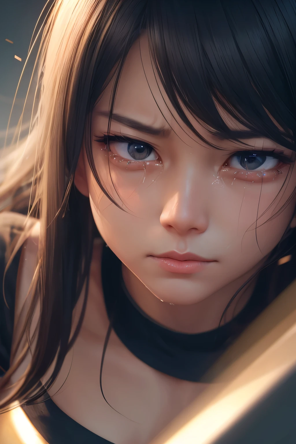 (8k, best quality, masterpiece:1.2), ultra-detailed, Masterpiece, realistic lighting,masterpiece, best quality, masterpiece, official art,extremely detailed CG unity 8k wallpaper,beautiful detailed eyes, light on face, 1girl, pan,red shirt, jeans, bandana, black Hair, 