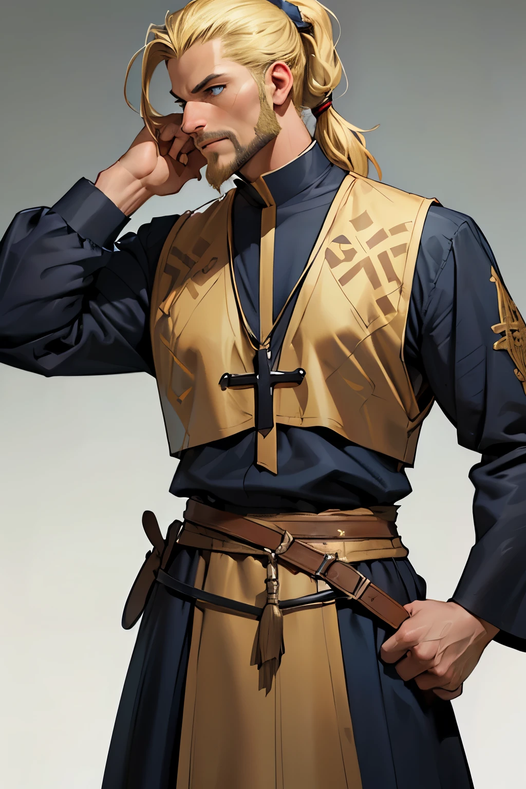 MASTERPIECE, Medieval background, Old, ((facial shaved hair)) ((realistic)), Waist, 1man, solo, male, strong, ((mature male)), ((blonde)), ((short ponytail)), Straight posture, detailed blue eyes, medieval outfit)), ((priest)) ((determinated face)), ((facial hair)), ((Clerig outfit))