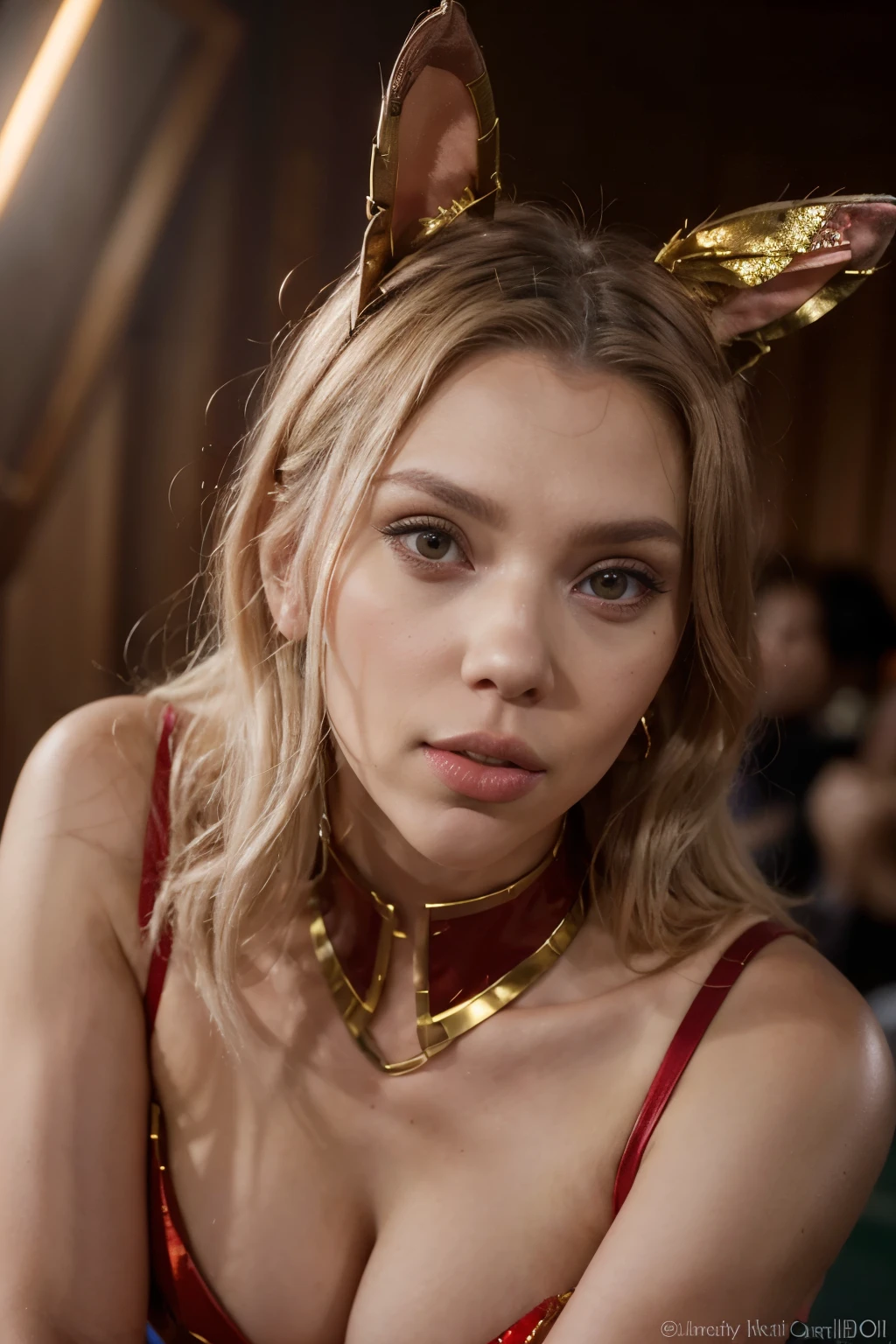 red and gold bunny costume, Scarlett Johansson face, Zendaya eyes, platinum hair, beauty, photorealism, 8k, super detailed, symmetrical face, high detail, front facing, looking at camera, sharp focus, extreme long shot