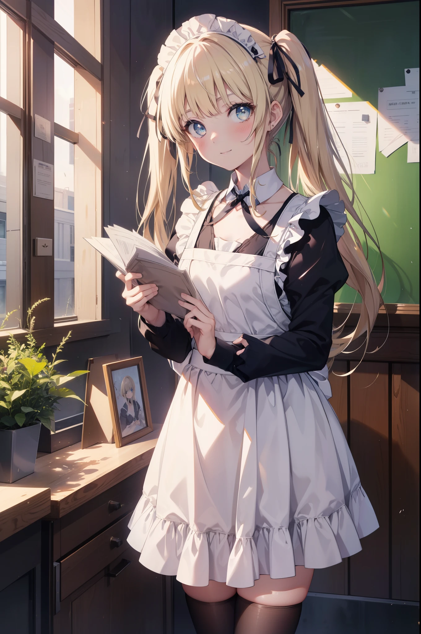 Eryllis Pencer, eriri sawamura spencer, blonde hair, blue eyes, dull bangs, hair ribbon, princess cut, long hair, twin tails,head dress,maid uniform, black mini skirt, white stockings,brown loafers,apron, looking at the viewer, clavicle, cute, smile, blush,open your mouth, Attract,He is holding a large amount of leaflets in both arms and passing them around.,,
break  outdoors, coffee shop　Entrance,
break looking at viewer,
break indoors, classroom,
break (masterpiece:1.2), highest quality, High resolution, unity 8k wallpaper, (figure:0.8), (detailed and beautiful eyes:1.6), highly detailed face, perfect lighting, Very detailed CG, (perfect hands, perfect anatomy),