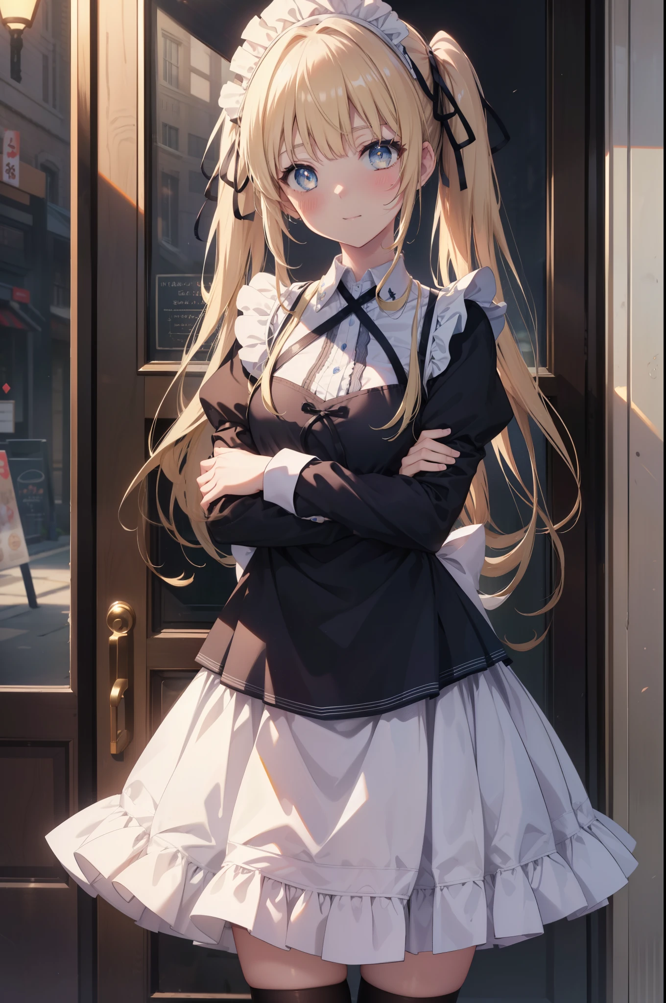 Eryllis Pencer, eriri sawamura spencer, blonde hair, blue eyes, dull bangs, hair ribbon, princess cut, long hair, twin tails,head dress,maid uniform, black mini skirt, white stockings,brown loafers,apron, looking at the viewer, clavicle, cute, smile, blush,open your mouth, Attract,He is holding a large amount of leaflets in both arms and passing them around.,,
break  outdoors, coffee shop　Entrance,
break looking at viewer,
break indoors, classroom,
break (masterpiece:1.2), highest quality, High resolution, unity 8k wallpaper, (figure:0.8), (detailed and beautiful eyes:1.6), highly detailed face, perfect lighting, Very detailed CG, (perfect hands, perfect anatomy),