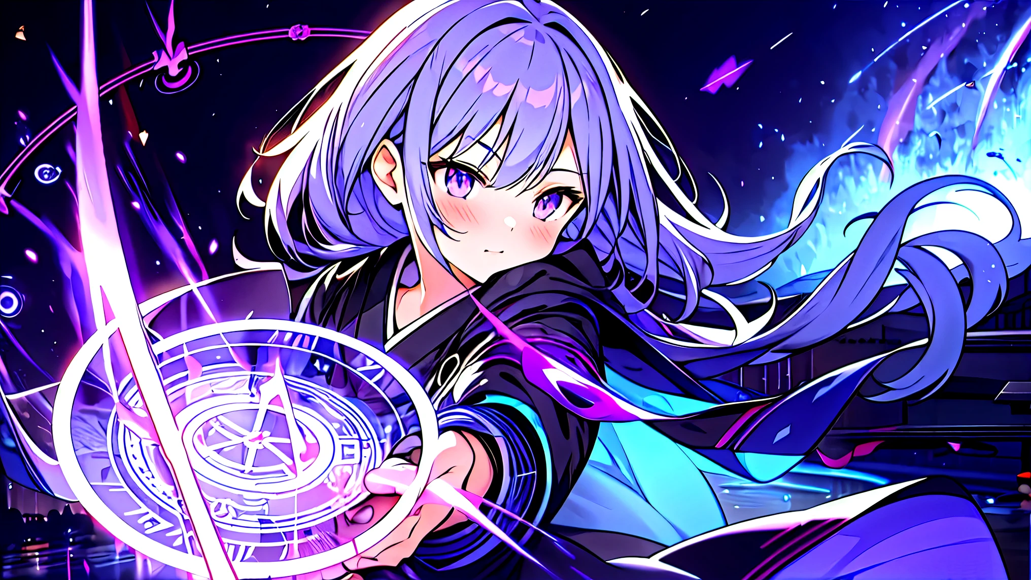 1 girl, kimono, purple eyes, magic circle, blue fire, blue flame, wallpaper, landscape, Blood, Blood splatter, Depth of the bounds written, night, particles of light, light, side light, destiny \(series\), ****, open jacket,