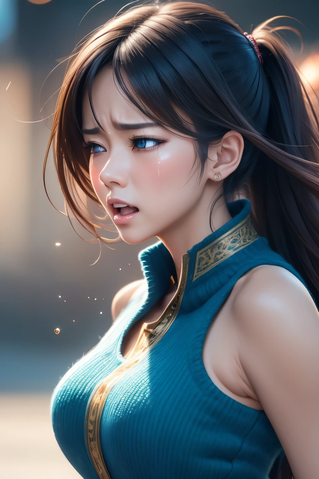 face focus, best quality, 8k, beautiful woman is also beautiful when she crying, motion-blur, action-lines