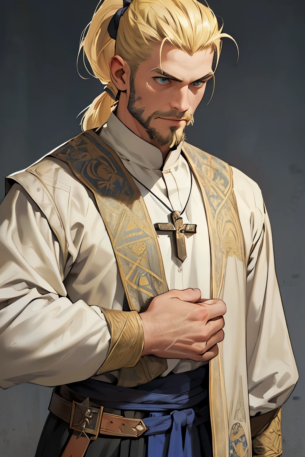 MASTERPIECE, Medieval background, Old, ((facial shaved hair)) ((realistic)), Waist, 1man, solo, male, strong, ((mature male)), ((blonde)), ((short ponytail)), Straight posture, detailed blue eyes, medieval outfit)), ((priest)) ((determinated face)), ((facial hair)), ((Clerig outfit))