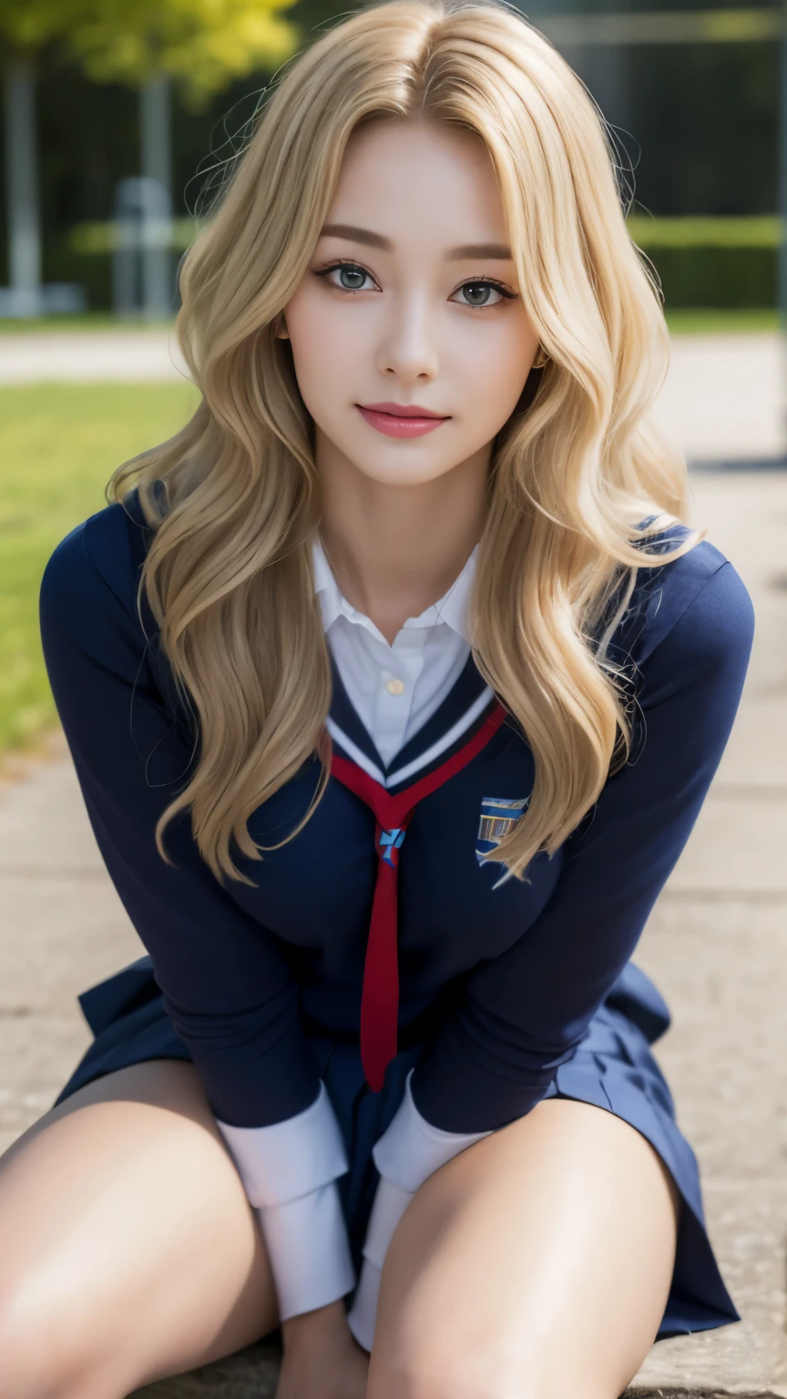 ((best quality, 8 thousand, masterpiece:1.4)), (20 year old woman), ((very small face:1.3)), (sagging breasts:1.4), Highly detailed face and skin textures, detailed eyes, Italian woman, (blonde wavy very long hair:1.3), ((beautiful body:1.3)), (slim waist), ((student uniform:1.4)), (In a spacious and comfortable school playground), bright smile, (엄청나게 sagging breasts:1.4), leg, knee, Leaning,