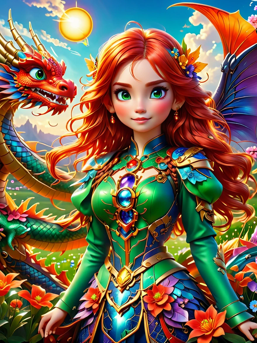 (彩虹色花草甸中休憩的Mecha Fairy:1.6)，whole body，Exquisite and beautiful（Super fine、masterpiece、best quality：1.4）1girl, Mecha Fairy，dynamic angle（Thinnest、masterpiece、best quality）、Best detailed face（most detailed，masterpiece，best quality：1.5），ultra-feminine（most detailed，masterpiece，best quality），Dragon Wings，Red hair，long hair，braid，Dynamic eye color，（Wearing a mecha：1.4），Rest in（Rainbow colored flower meadow：1.6），Full Color，（perfect spectrum：1.3），（Vibrant work：1.4）vibrant red，orange color，，green，blue，indigo，purple daylight，Sun rise，high detail，fantasy art, RPG 艺术best quality, 16k, [Super detailed], masterpiece, best quality, whole body, ultra wide angle lens, Realism, Mecha girl, anatomically correct, textured skin, high detail, 8k