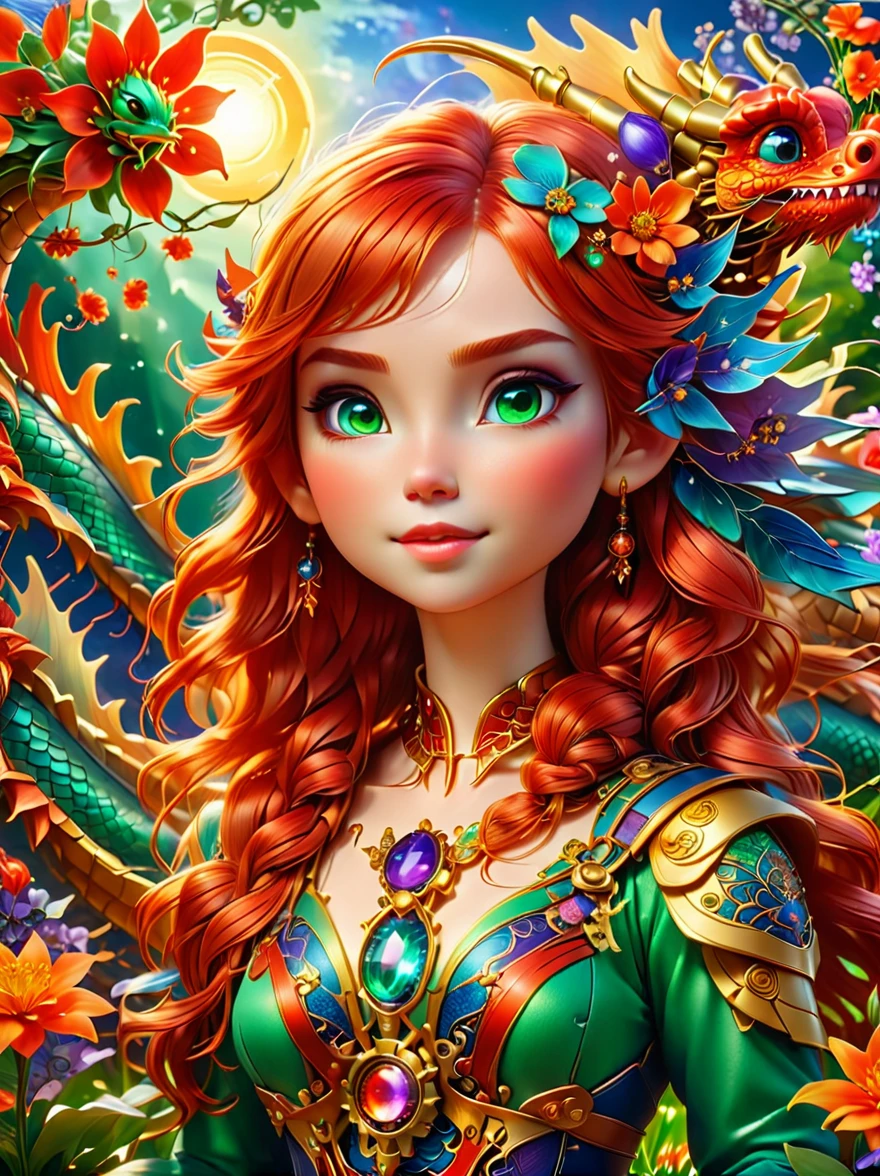(彩虹色花草甸中休憩的Mecha Fairy:1.6)，whole body，Exquisite and beautiful（Super fine、masterpiece、best quality：1.4）1girl, Mecha Fairy，dynamic angle（Thinnest、masterpiece、best quality）、Best detailed face（most detailed，masterpiece，best quality：1.5），ultra-feminine（most detailed，masterpiece，best quality），Dragon Wings，Red hair，long hair，braid，Dynamic eye color，（Wearing a mecha：1.4），Rest in（Rainbow colored flower meadow：1.6），Full Color，（perfect spectrum：1.3），（Vibrant work：1.4）vibrant red，orange color，，green，blue，indigo，purple daylight，Sun rise，high detail，fantasy art, RPG 艺术best quality, 16k, [Super detailed], masterpiece, best quality, whole body, ultra wide angle lens, Realism, Mecha girl, anatomically correct, textured skin, high detail, 8k