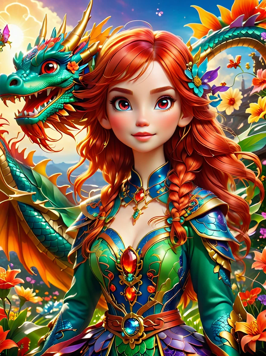 (彩虹色花草甸中休憩的Mecha Fairy:1.6)，whole body，Exquisite and beautiful（Super fine、masterpiece、best quality：1.4）1girl, Mecha Fairy，dynamic angle（Thinnest、masterpiece、best quality）、Best detailed face（most detailed，masterpiece，best quality：1.5），ultra-feminine（most detailed，masterpiece，best quality），Dragon Wings，Red hair，long hair，braid，Dynamic eye color，（Wearing a mecha：1.4），Rest in（Rainbow colored flower meadow：1.6），Full Color，（perfect spectrum：1.3），（Vibrant work：1.4）vibrant red，orange color，，green，blue，indigo，purple daylight，Sun rise，high detail，fantasy art, RPG 艺术best quality, 16k, [Super detailed], masterpiece, best quality, whole body, ultra wide angle lens, Realism, Mecha girl, anatomically correct, textured skin, high detail, 8k