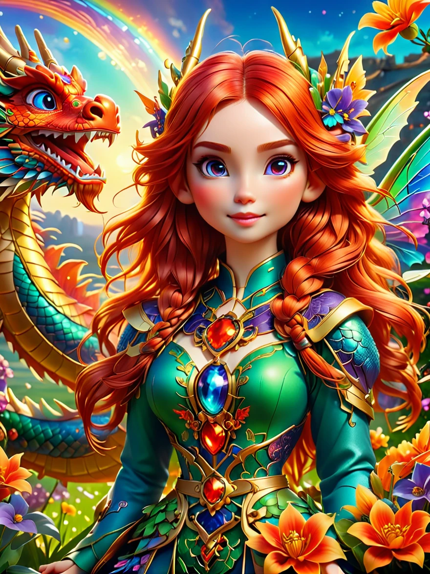 (彩虹色花草甸中休憩的Mecha Fairy:1.6)，whole body，Exquisite and beautiful（Super fine、masterpiece、best quality：1.4）1girl, Mecha Fairy，dynamic angle（Thinnest、masterpiece、best quality）、Best detailed face（most detailed，masterpiece，best quality：1.5），ultra-feminine（most detailed，masterpiece，best quality），Dragon Wings，Red hair，long hair，braid，Dynamic eye color，（Wearing a mecha：1.4），Rest in（Rainbow colored flower meadow：1.6），Full Color，（perfect spectrum：1.3），（Vibrant work：1.4）vibrant red，orange color，，green，blue，indigo，purple daylight，Sun rise，high detail，fantasy art, RPG 艺术best quality, 16k, [Super detailed], masterpiece, best quality, whole body, ultra wide angle lens, Realism, Mecha girl, anatomically correct, textured skin, high detail, 8k