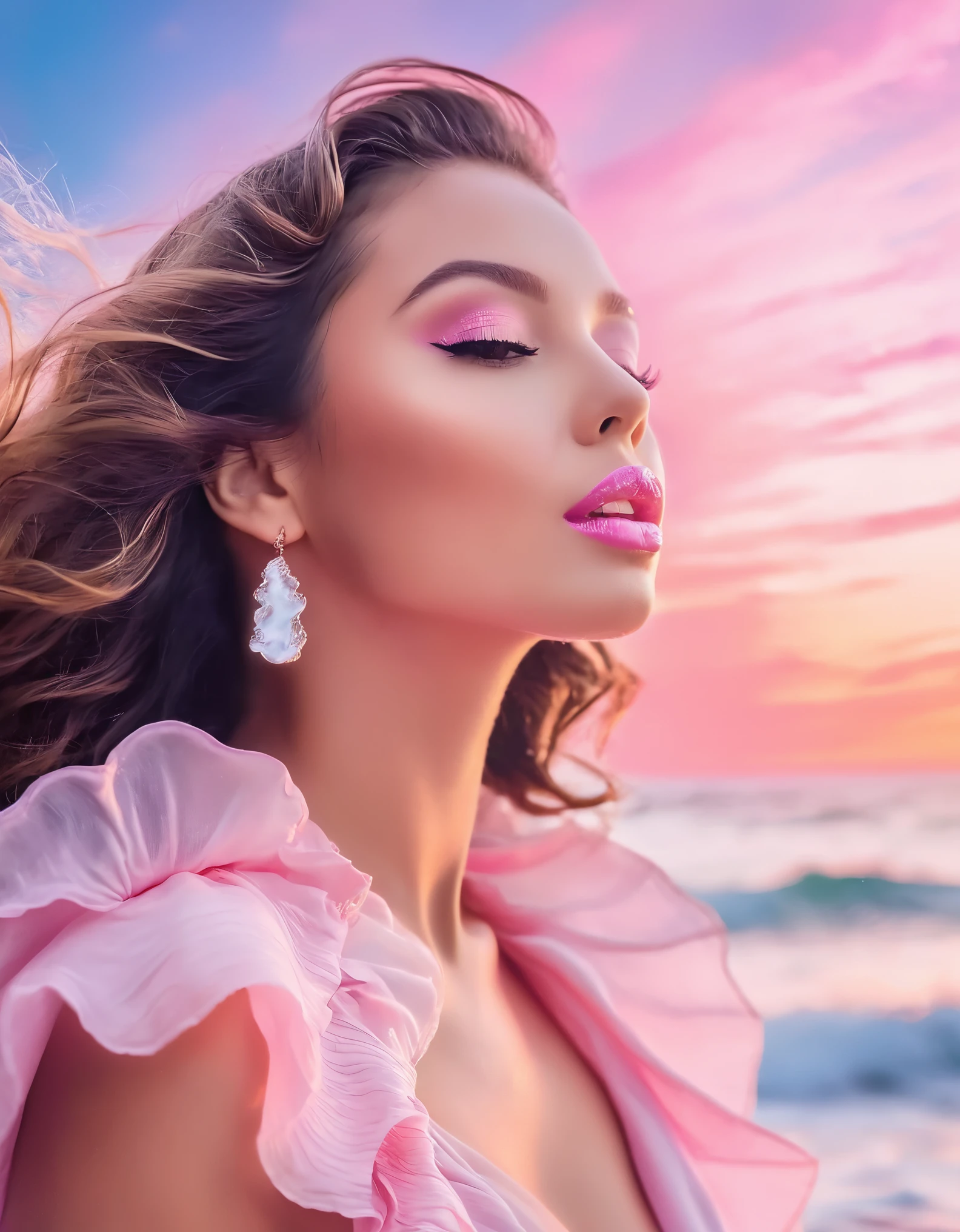 A sensual woman with cascading waves and a soft pink lip color, set against a dreamy pastel sky.