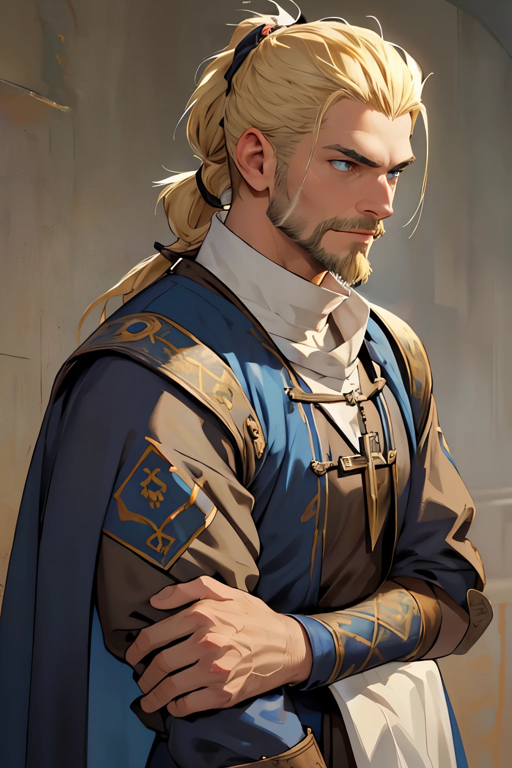 MASTERPIECE, Medieval background, Old, ((facial shaved hair)) ((realistic)), Waist, 1man, solo, male, strong, ((mature male)), ((blonde)), ((short ponytail)), Straight posture, detailed blue eyes, medieval outfit)), ((priest)) ((determinated face)), ((facial hair)), ((Clerig outfit))