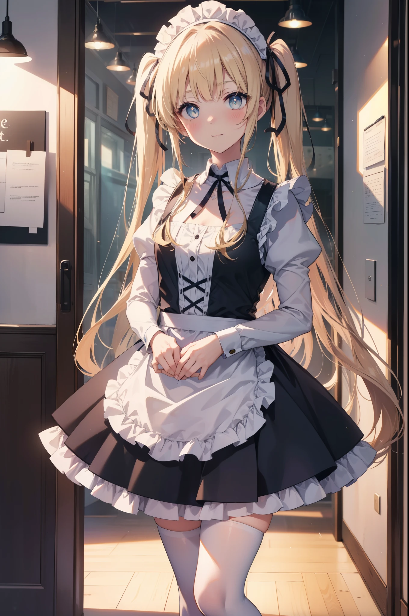 Eryllis Pencer, eriri sawamura spencer, blonde hair, blue eyes, dull bangs, hair ribbon, princess cut, long hair, twin tails,head dress,maid uniform, black mini skirt, white stockings,brown loafers,apron, looking at the viewer, clavicle, cute, smile, blush,open your mouth, Attract,He is holding a large amount of leaflets in both arms and passing them around.,,
break  outdoors, coffee shop　Entrance,
break looking at viewer,
break indoors, classroom,
break (masterpiece:1.2), highest quality, High resolution, unity 8k wallpaper, (figure:0.8), (detailed and beautiful eyes:1.6), highly detailed face, perfect lighting, Very detailed CG, (perfect hands, perfect anatomy),