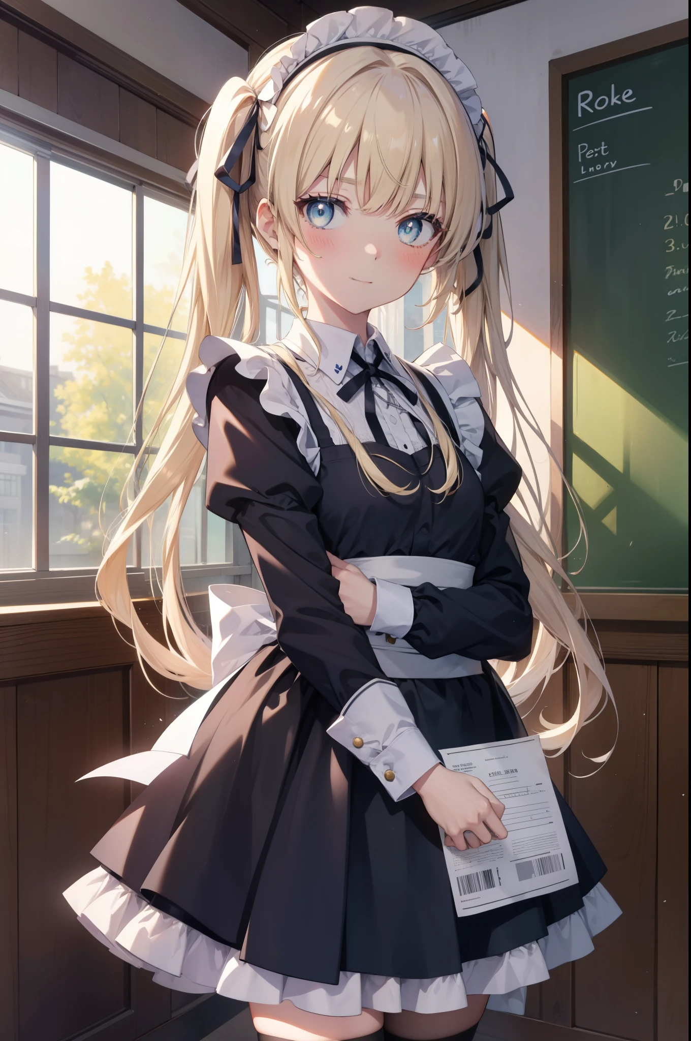 Eryllis Pencer, eriri sawamura spencer, blonde hair, blue eyes, dull bangs, hair ribbon, princess cut, long hair, twin tails,head dress,maid uniform, black mini skirt, white stockings,brown loafers,apron, looking at the viewer, clavicle, cute, smile, blush,open your mouth, Attract,He is holding a large amount of leaflets in both arms and passing them around.,,
break  outdoors, coffee shop　Entrance,
break looking at viewer,
break indoors, classroom,
break (masterpiece:1.2), highest quality, High resolution, unity 8k wallpaper, (figure:0.8), (detailed and beautiful eyes:1.6), highly detailed face, perfect lighting, Very detailed CG, (perfect hands, perfect anatomy),