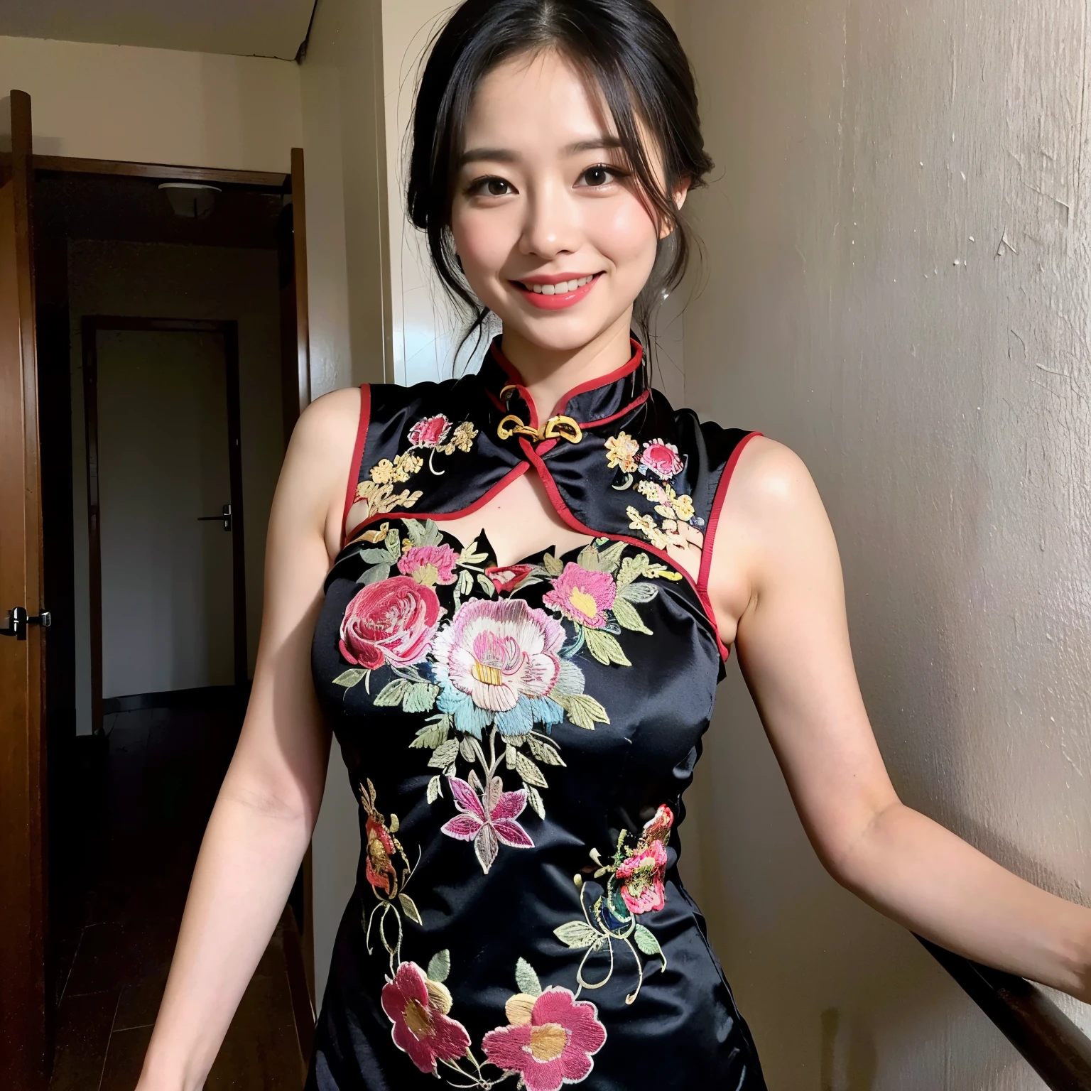 (best quality,ultra-detailed,realistic:1.37),vivid colors,(beautiful embroidery on a cheongsam)in a dark and narrow corridor without windows of a brothel, (the first promise and the first meeting) with a smiling girl wearing a (beautiful embroidery on a cheongsam), (perfect style,  body), with good eyes and a mischievous face.