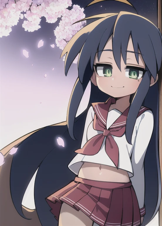 (best quality, high quality:1.2), (absurdres, masterpiece), (perfect face, perfect eyes), 1girl, ((cowboy shot:1.1)), character in background, far_away, wide shot, lucky star, konata izumi, green eyes, +_+, small breasts, small hands, standing, smile, happy, school uniform, sailor collar, (star \(symbol\)), detailed background, volumetric lighting, firefly, luminescence, cherry blossoms, night sky, starry background, moon, dark, dim light, dim lighting, wind lift, navel,
