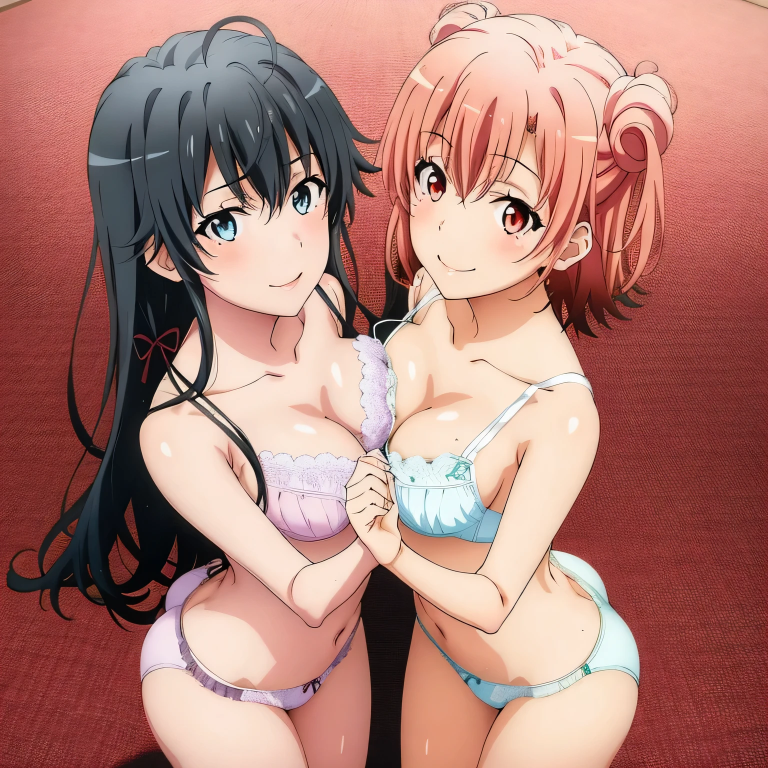 2 girls , Yukinoshita Yukino , yuigahama yui&#39;Both the chest and buttocks are in good shape.., waltz dance , In underwear,rotate,whole body,pink silk panties,white silk panties,thighs,high angle,smile,beautiful eyes,Clear eye color,