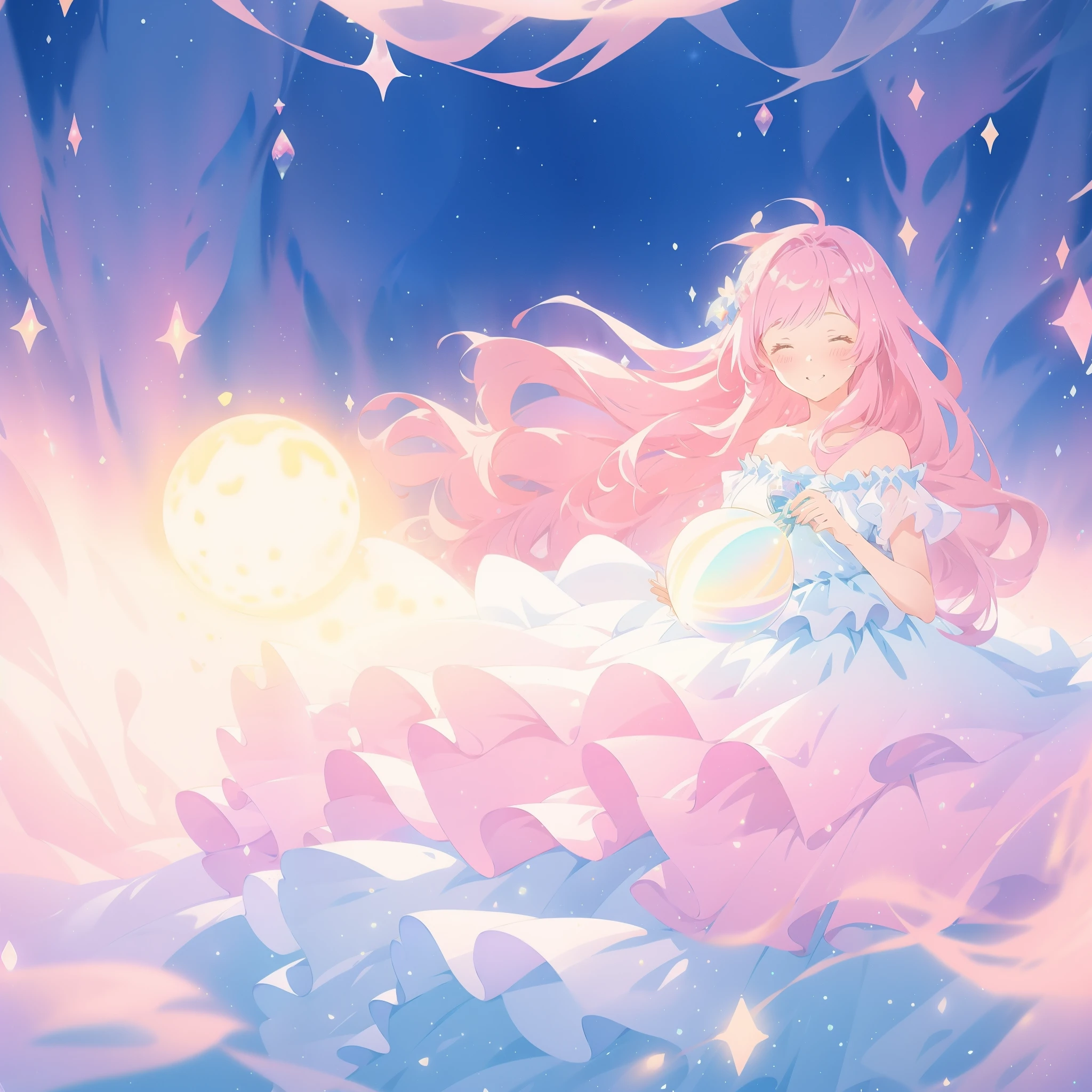beautiful girl in sparkling white dress holding a magical sphere, ((sparkling puffy layered ballgown)), (magical, whimsical), (glowing magical orb), long flowing colorful hair, colorful fantasia background, watercolor illustration, disney art style, glowing aura around her, glowing lights, beautiful digital illustration, fantasia otherworldly landscape plants flowers, beautiful, masterpiece, best quality, anime disney style