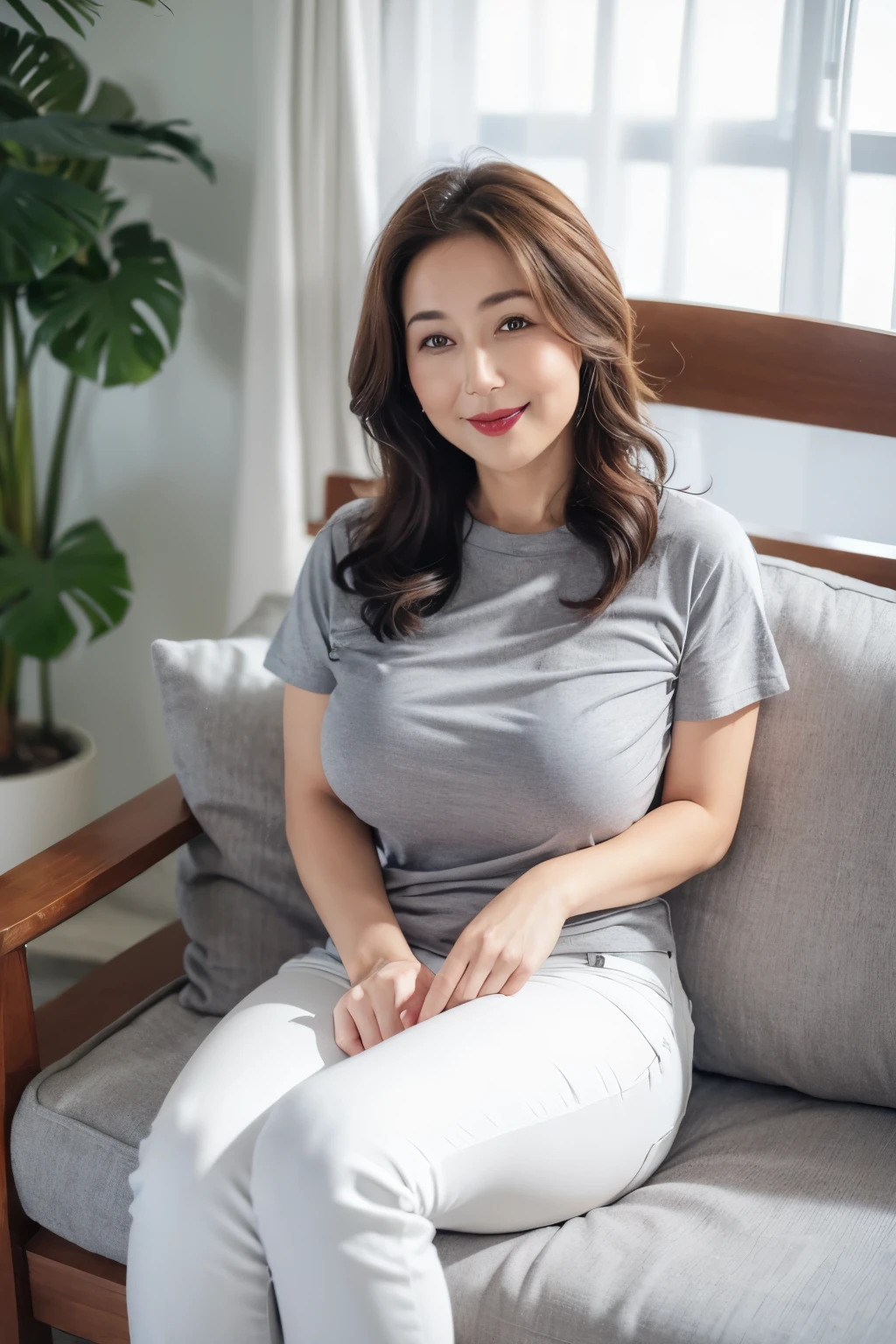 ((top quality、8k、masterpiece:1.3))、sharp focus, High level of image quality, high resolution,,Grey crewneck shirt,short sleeve,white jeans,37-year-old woman with long wavy hair,Mature,charming smile,Draw lips correctly, red lipstick,stand,Slightly fat,Big breasts,indoor background:sofa、flower,full-body shot
