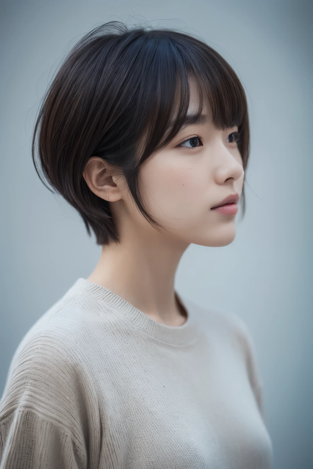 8K, highest quality, masterpiece, 超High resolution, (realism: 1.4), original photo,18-year-old,1 Japanese female,(realistic skin texture: 1.3), (film grain: 1.3), (Upper body全体のアングル), 1 girl, beautiful eyes and face details, masterpiece, highest quality, profile,very short hair, Upper body, wearing a shirt,((looking at the viewer)),((cool look)),((berry shortcut)),detailed hair, 8k, High resolution, super resolution, great visuals, realistic lighting, photo realism, concrete wall,white background,slightly turned to the side