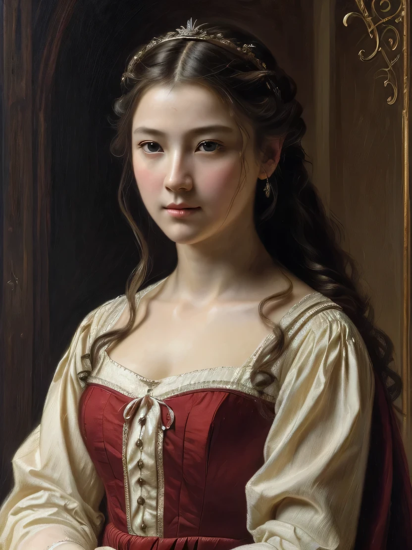 ((masterpiece、highest quality、Super detailed、High resolution、sharp focus、cinematic lighting))、(1 female、middle shot、face light))、western girl portrait、noble clothes、middle ages、Classicism、analog、realistic painting、Fine art、oil on canvas、original character、focus on face、Detailed depiction of hands、((view audience))
