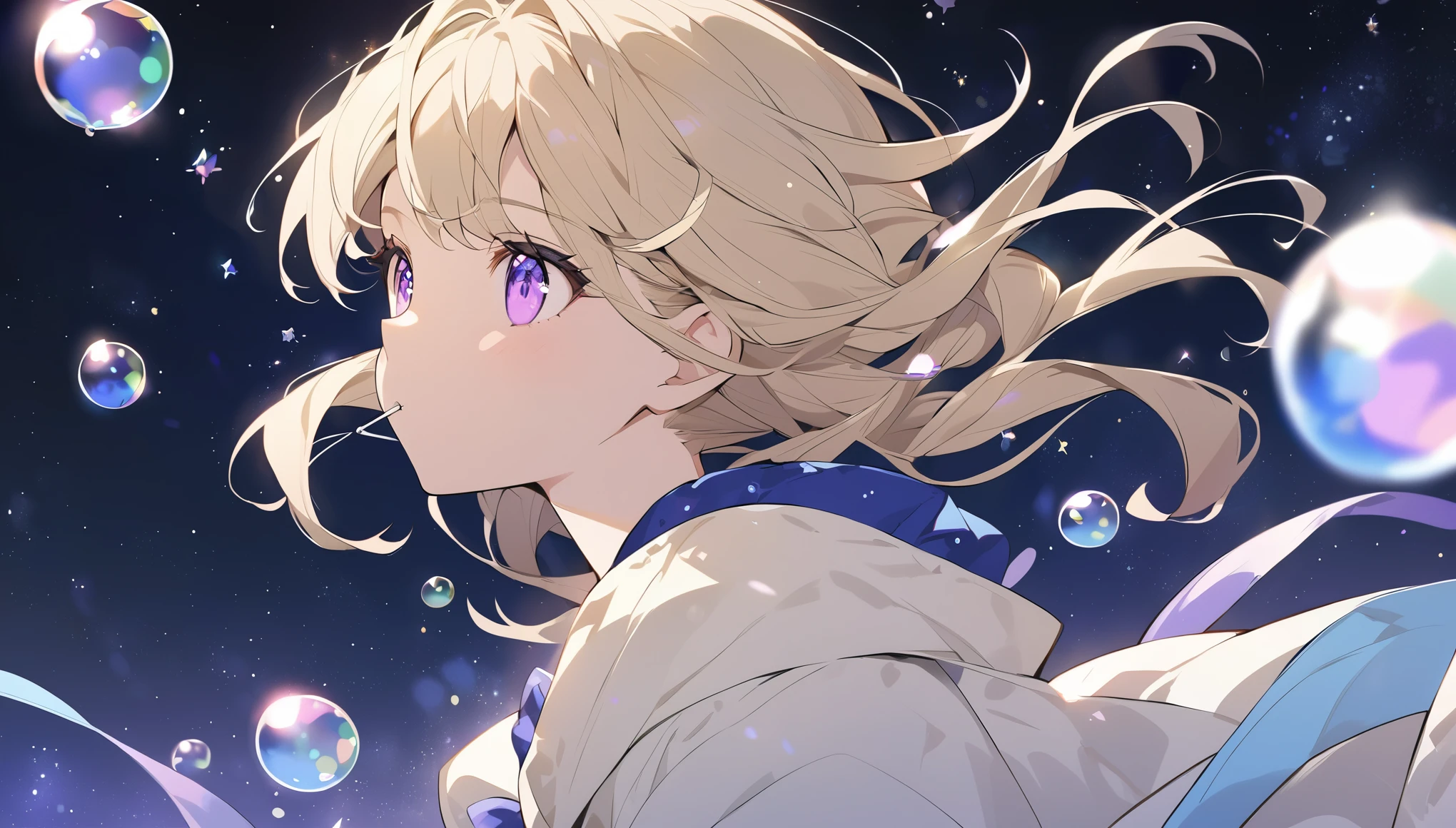 Light blonde girl in anime style，Violet eyes blowing bubbles under the stars