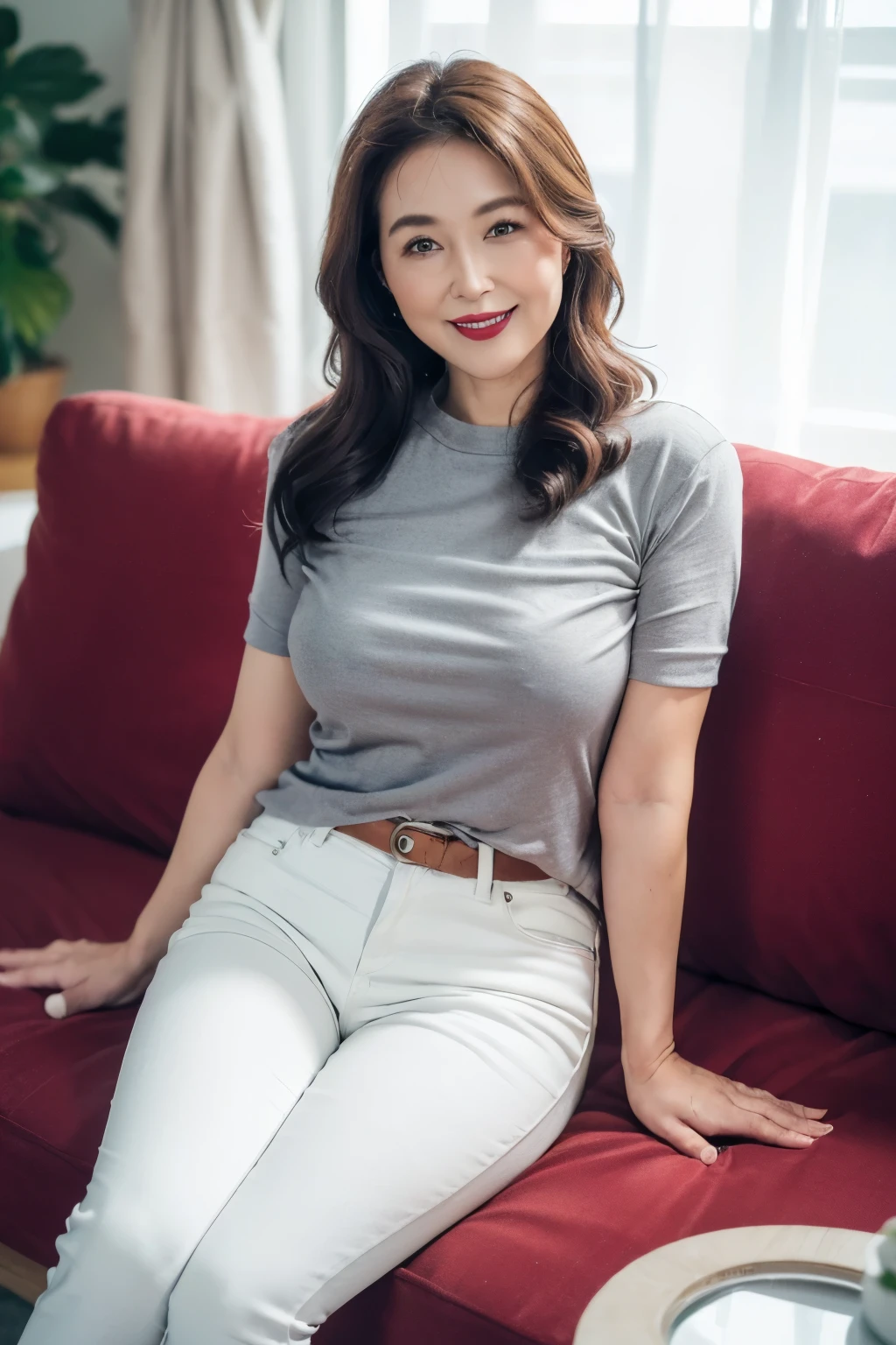 ((top quality、8k、masterpiece:1.3))、sharp focus, High level of image quality, high resolution，,Grey crewneck shirt，short sleeve，white jeans，37-year-old woman with long wavy hair，Mature，charming smile，Draw lips correctly, red lipstick，stand，Slightly fat，Big breasts，indoor background：sofa、flower，full-body shot