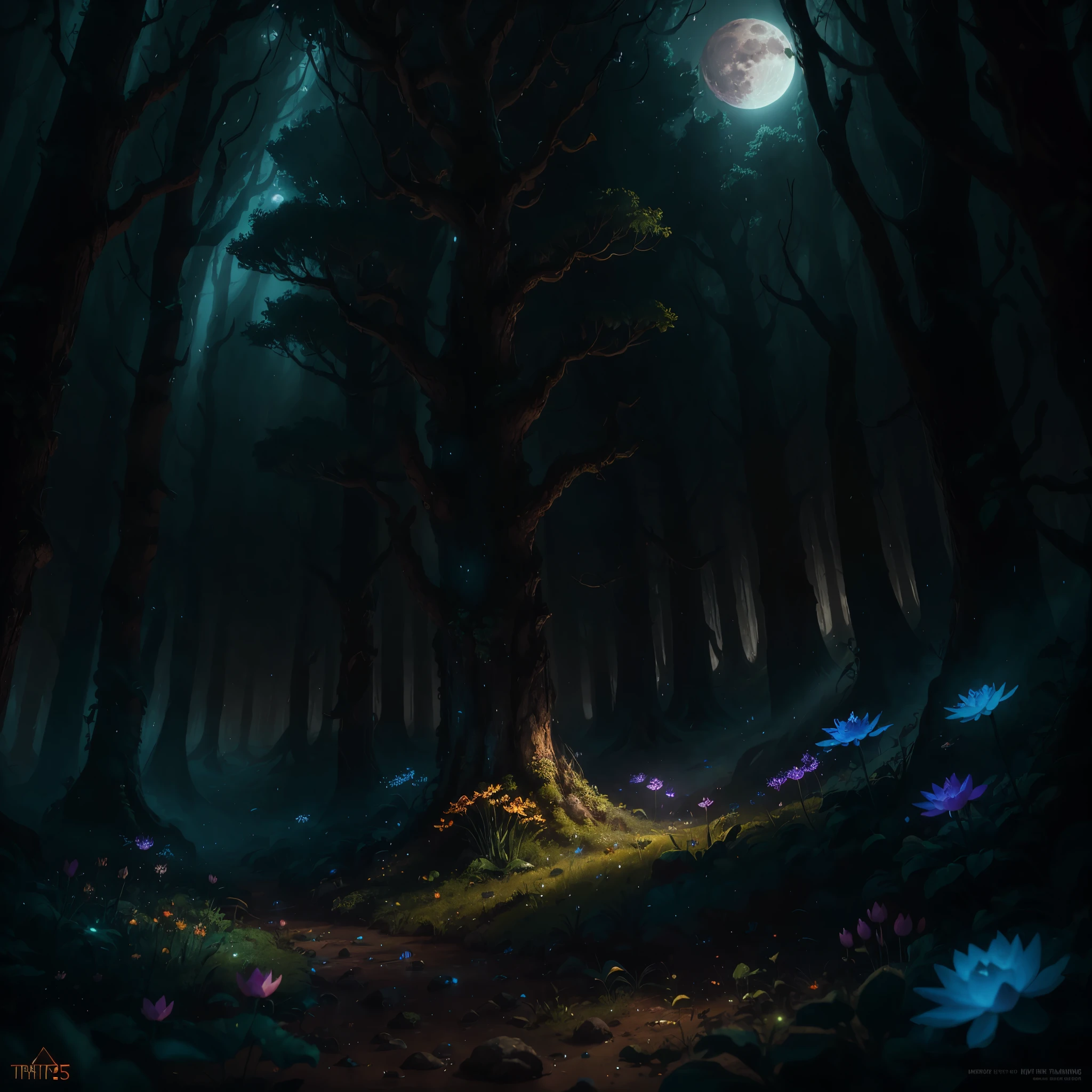 one magic glowing flower smae color of the moon that is in the middle of a forest, blue moonlit dance of the fireflies, glowing delicate flower, beautiful digital painting, lotus, beautiful as the blue moon, highly detailed digital painting，ery detailed CG unified 8k wallpaper），Dinamic Light，（Enchanting Dark Night Elf Forest），moon lit forest，grass field，Bask in a dark and ethereal light，Highlight every intricate detail，Add a fantastic texture to your scene，The Age of Mystery，fantastic details，Rainy weather，mistic，cool and friendly atmosphere，Atmospheric Dust，subsurfacescattering，Ray traching，depth of fields，bokeh，Vivid colors of，Cinematic hard lighting，realistic shaded，Beautiful glow details，films，rendering by octane，Ray traching，concept-art，Realistis，Unreal Engine 5
