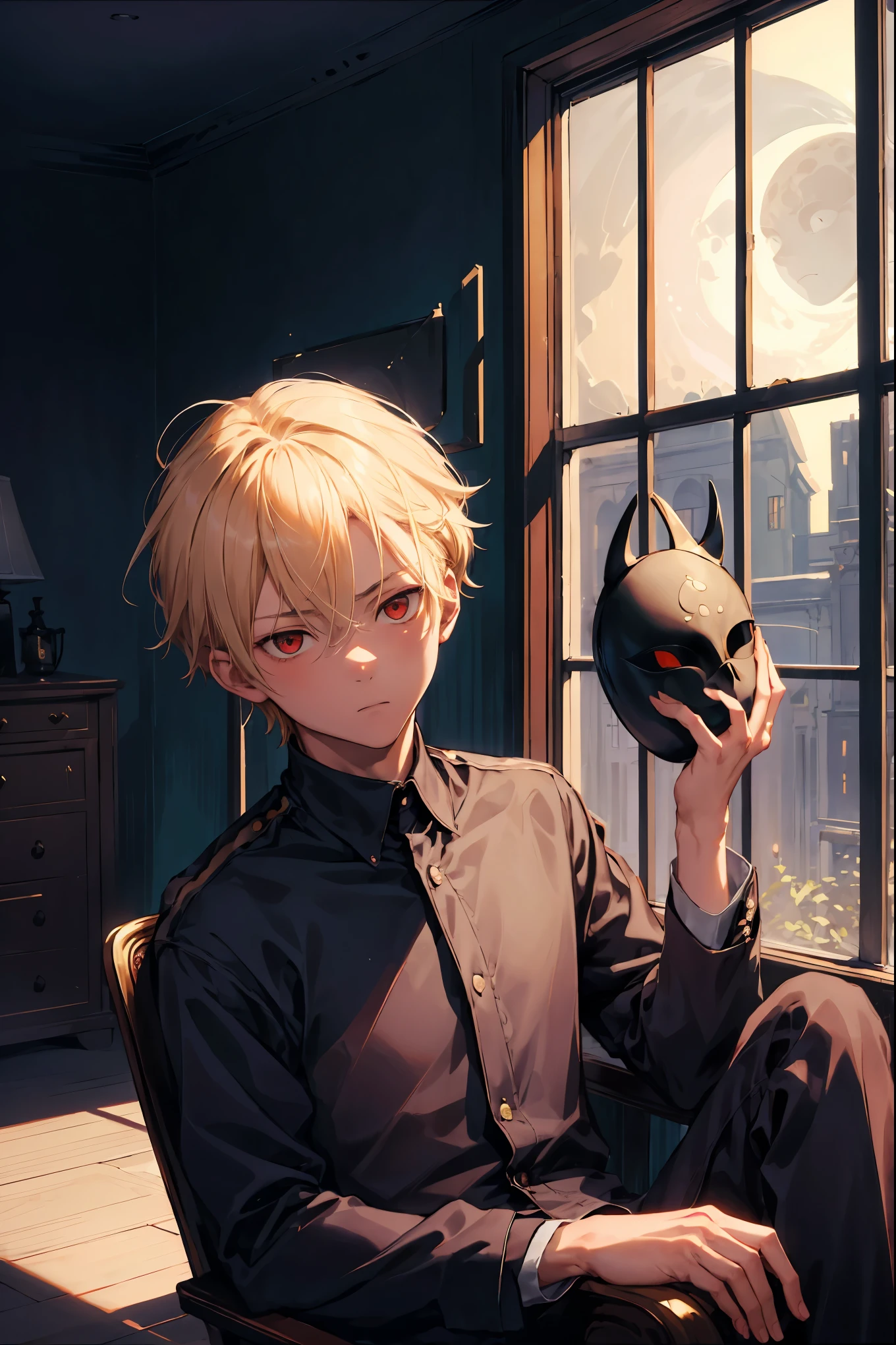 masterpiece, Soft moonlight, moon in the window, shadows, room, boy, 20 years, blonde hair, Red eyes, arrogant look, raised chin, sitting on a chair, portrait, rkbaska, trousers , with a mask