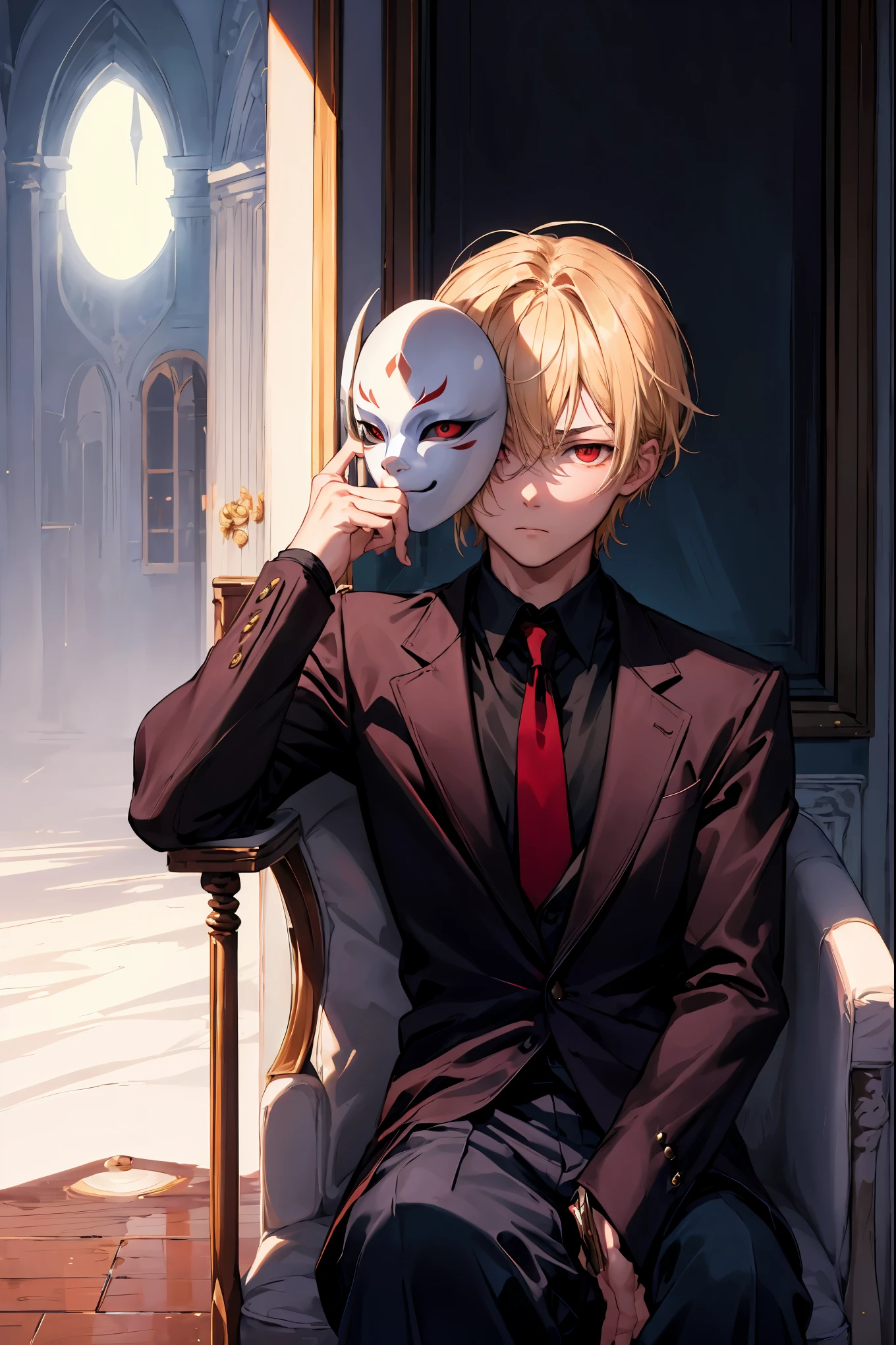 masterpiece, Soft moonlight, moon in the window, shadows, room, boy, 20 years, blonde hair, Red eyes, arrogant look, raised chin, sitting on a chair, portrait, rkbaska, trousers , with a mask