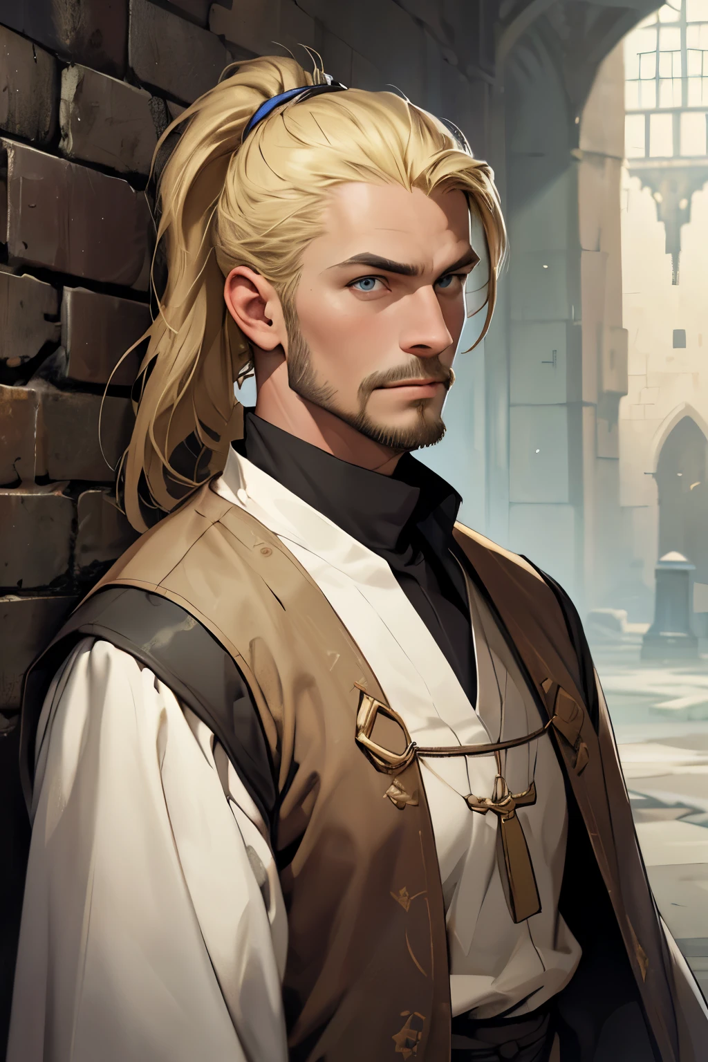 MASTERPIECE, Medieval background, Old, ((facial shaved hair)) ((realistic)), Waist, 1man, solo, male, strong, ((mature male)), ((blonde)), ((short ponytail)), Straight posture, detailed blue eyes, medieval outfit)), ((priest)) ((determinated face)), ((facial hair)), ((Clerig outfit))