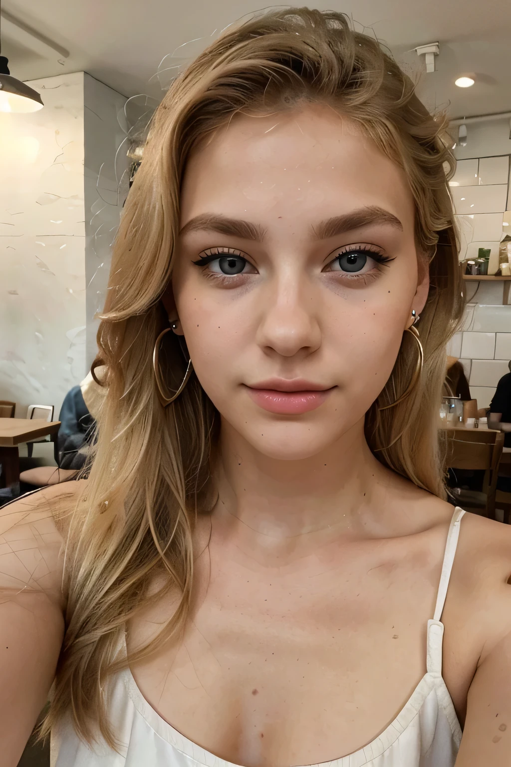 Foto de uma loira de 21 anos., ele tem um rosto muito natural, labios finos, olhos finos, Sobrancelhas finas, nariz fino, brincos, long eyelashes. She takes a cute selfie in a cafe