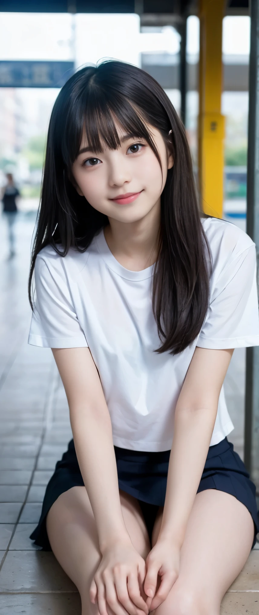 (masterpiece, highest quality:1.2), 8K,細身の12才のfull nudeの女の子, 85mm,Official AR RAW photo, スーパースリムなスレンダーbeautiful girl, (navy blue short skirt、上Half bodyfull nude、show me your ears、naked girl photo shoot、full nude, cute face, close, Half body, biolace, gardenia, beautiful girl, 上Half bodyfull nude, thighs, short sleeve, sit on the station platform, looking at the viewer, no makeup, (big smile), film grain, chromatic aberration, sharp focus, face light, clear lighting, Ten generations, detailed face, background bokeh, (Force them to sit with their legs spread apart)、(((((( girl))))))、((((((12才のfull nude女子高生)))))、thin waist、Lowered from the top of the front