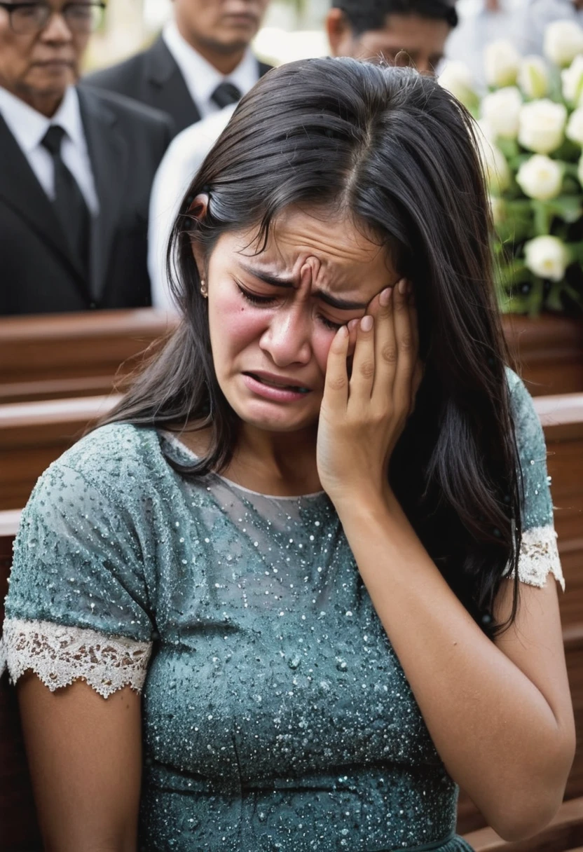 A 25 years old girl crying about her mother passed away at funeral