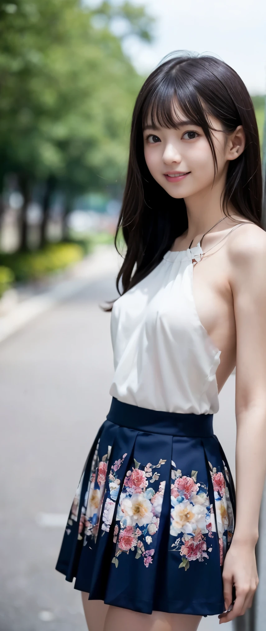 (masterpiece, highest quality:1.2), 8K, 12才のfull nudeの女の子, 85mm,Official AR RAW photo, スーパースリムなスレンダーbeautiful girl, (When I lift up my short navy blue skirt、上Half bodyfull nude、Super beautiful breasts、show me your ears、naked girl photo shoot、full nude, cute face, close, Half body, biolace, gardenia, beautiful girl, 白いfloral skirt, floral skirt, thighs, short sleeve, stand on the station platform, looking at the viewer, no makeup, (big smile), film grain, chromatic aberration, sharp focus, face light, clear lighting, Ten generations, detailed face, background bokeh, (dark red tie:1.1)、((((((の上Half bodyfull nudeの女の子))))))、((((((12才のfull nude女子高生)))))、thin waist、Lowered from the top of the front
