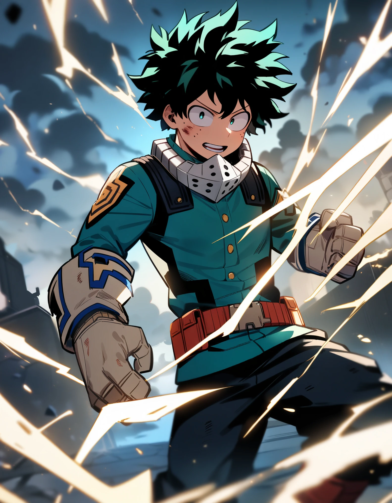 1boy, male focus, midoriya izuku, boku no hero academia, injury, electricity,, masterpiece, best quality, very aesthetic, absurdres