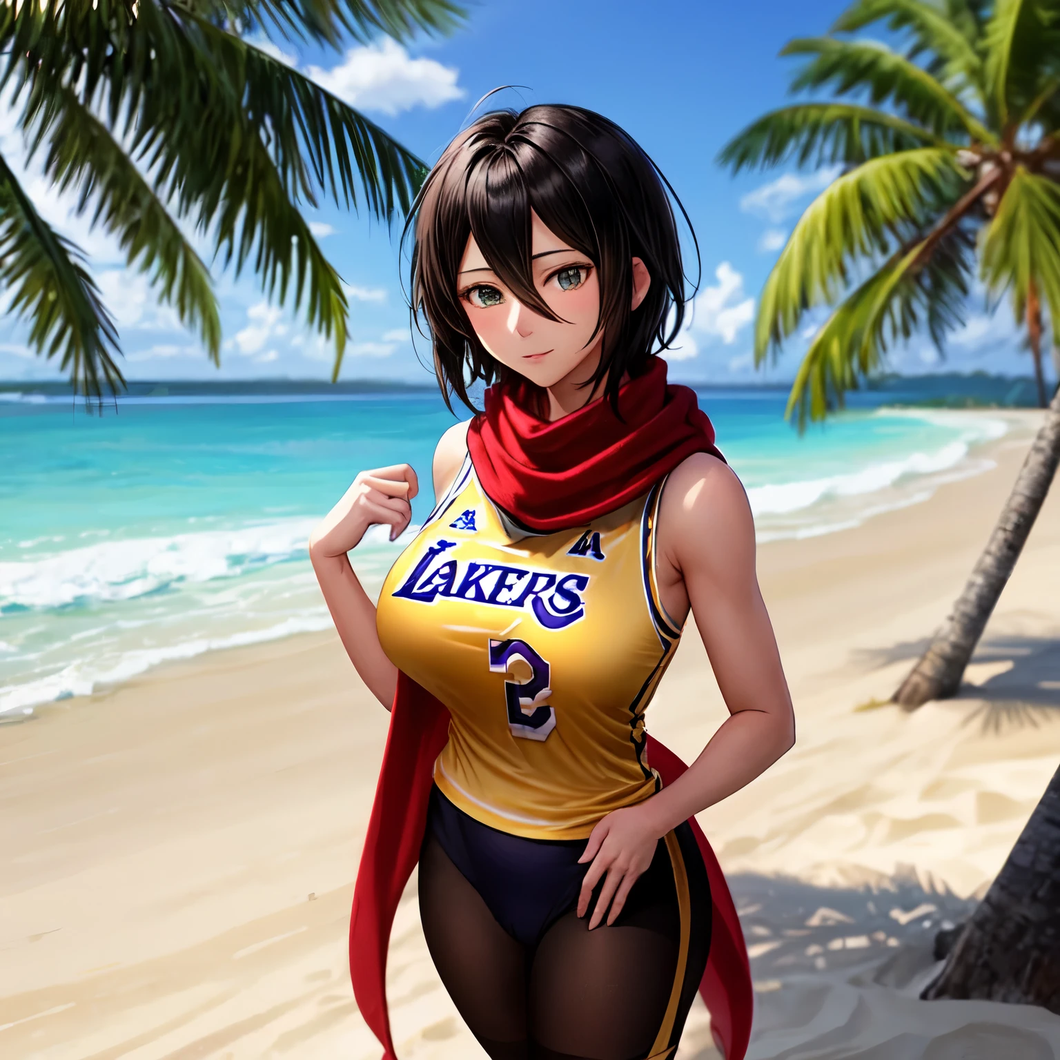 Descomunal tits Mikasa Akcerman, she has really big tits, she is wearing an Lakers jersey, she is wearing a red scarf, she is wearing tights, she's alone in a beach, she is standing next to a tree. 