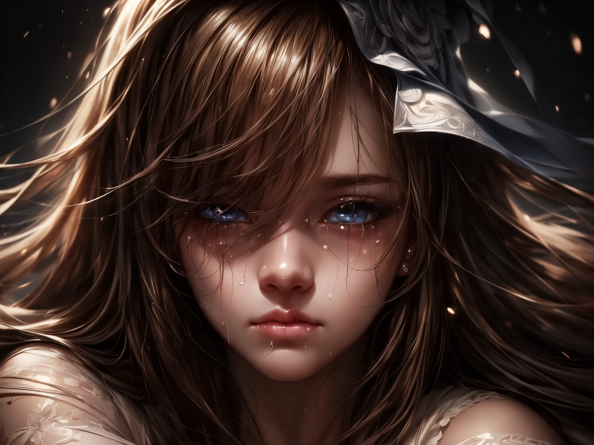 (best quality,ultra-detailed,realistic:1.37),1girl,crying,expressive eyes,detailed face,teary eyes,beautiful detailed lips,hug,knees,big tears,sadness,loneliness,emotional,heartbroken,gloomy atmosphere,soft lighting,low key,portrait