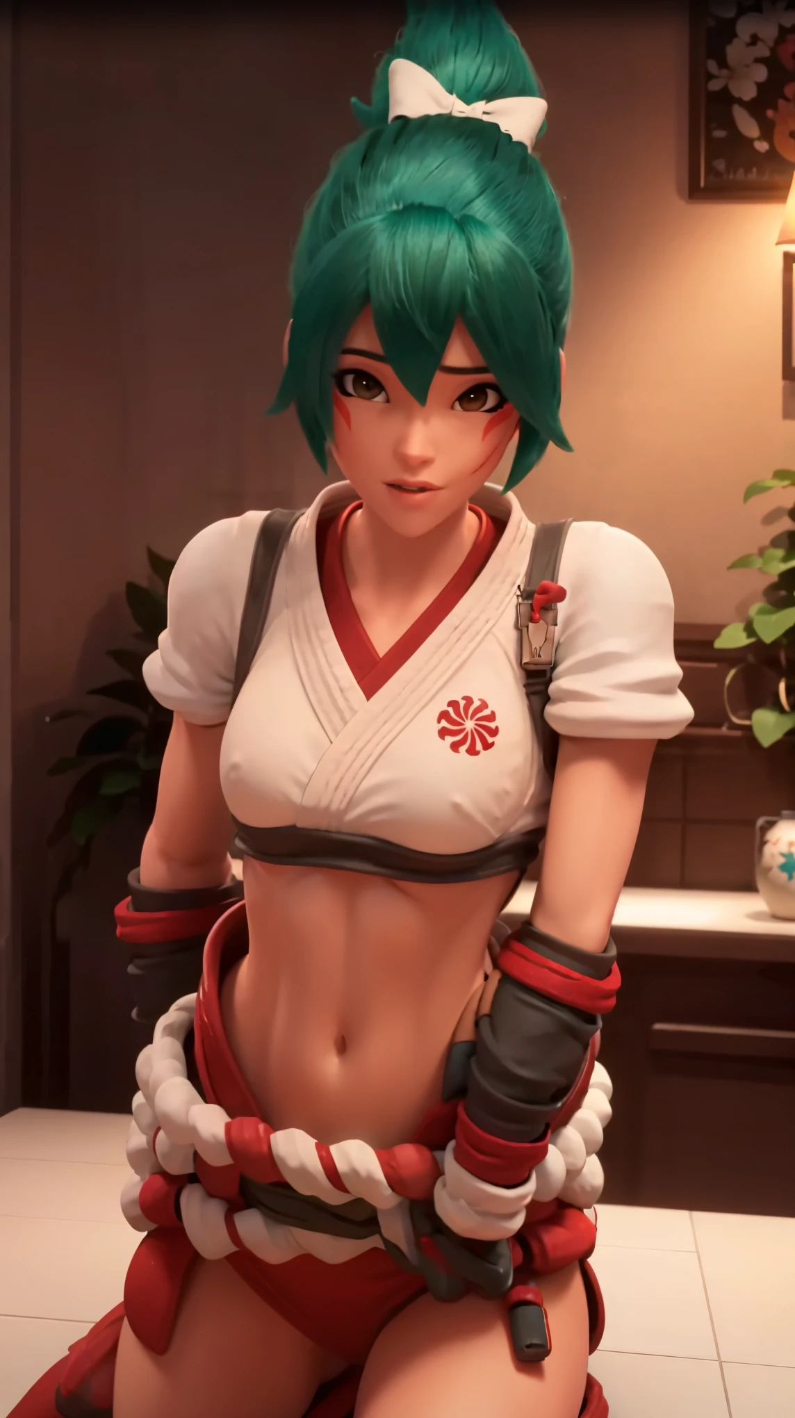 (owkiriko), kiriko \(overwatch\), green hair:0.7, spread legs, inside, blushing, bikini, microbikini, topless, nsfw, 1girl