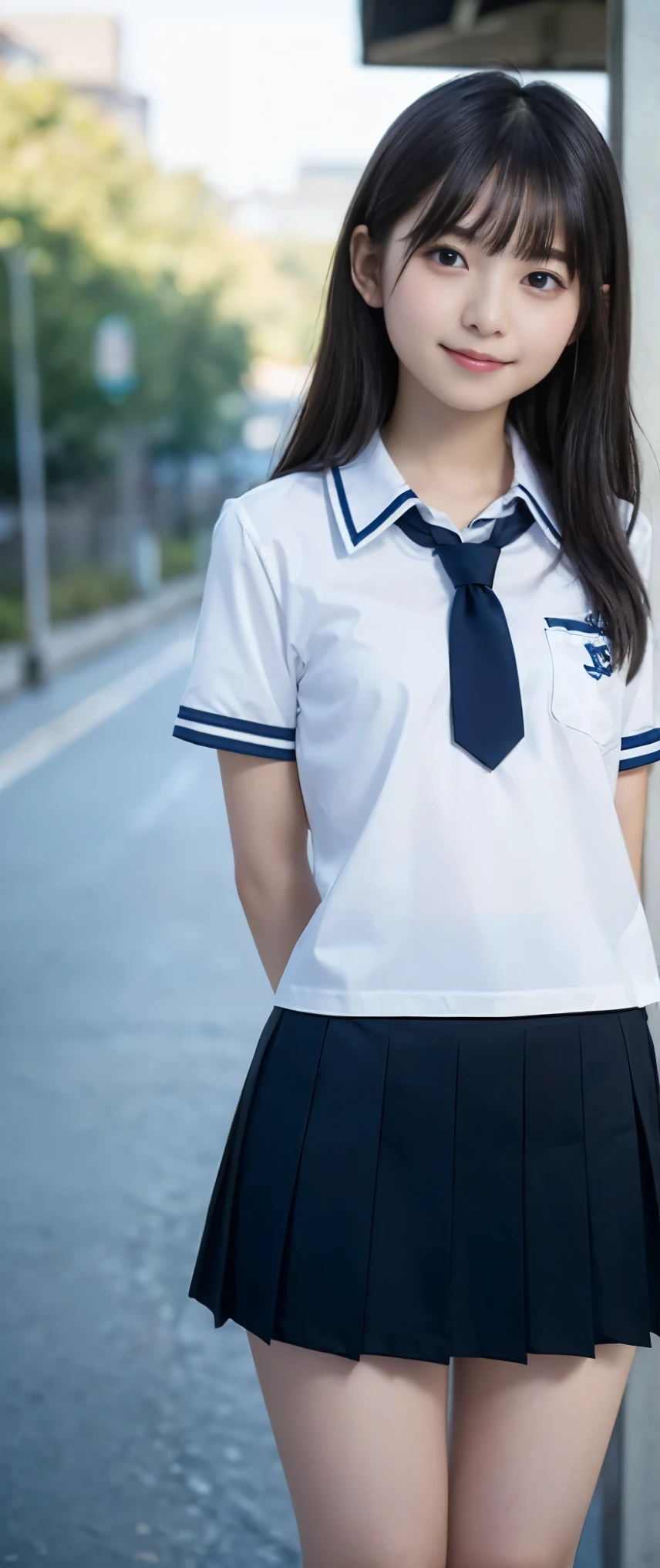 (masterpiece, highest quality:1.2), 8K, 12才のfull nudeの女の子, 85mm,Official AR RAW photo, スーパースリムなスレンダーbeautiful girl, (When I lift up my short navy blue skirt、下Half bodyfull nude、short sleeveの白シャツ、show me your ears、naked girl photo shoot、full nude, cute face, close, Half body, biolace, gardenia, beautiful girl, school uniform, thighs, short sleeve, stand on the station platform, looking at the viewer, no makeup, (big smile), film grain, chromatic aberration, sharp focus, face light, clear lighting, Ten generations, detailed face, background bokeh, (dark red tie:1.1)、((((((12 year old girl))))))、((((((12才のfull nude女子高生)))))、thin waist