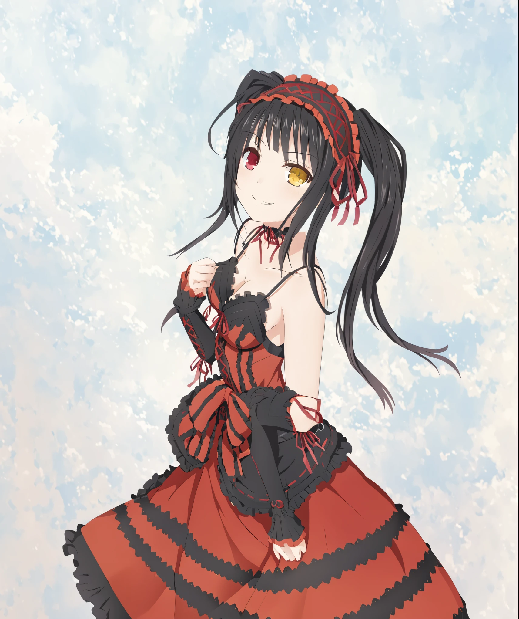 Kurumi Tokisaki, kurumi dress, KurumiBase, detached sleeves, frilled choker, 4k, kkkrumi\(double ponytail\), kkkrumi2Z\(hair over one eye\), kkkrumi\(gothic clothing\) , kkkrumi\(Hair Accessories\) , Evil smile,, higher angle, perspective, foreshortening, looking up, full body, full shot, dinamic pose, extremely detailed, clean lineart, neat, different red left eye and golden right eye, long hair, twin-tails, black hair, red and black ta dress, long black boots, black stockings, black garter belt), 1girl, tokisaki_kurumi, solo, twintails, breasts, clock_eyes, long_hair, black_hair, yellow_eyes, red_eyes, heterochromia, , hairband, loliashion, lolita_hand, symbol-shaped_pupils, floating_hair, collarbone, choker, ribbon, bare_shoulders, red_ribbon, dress