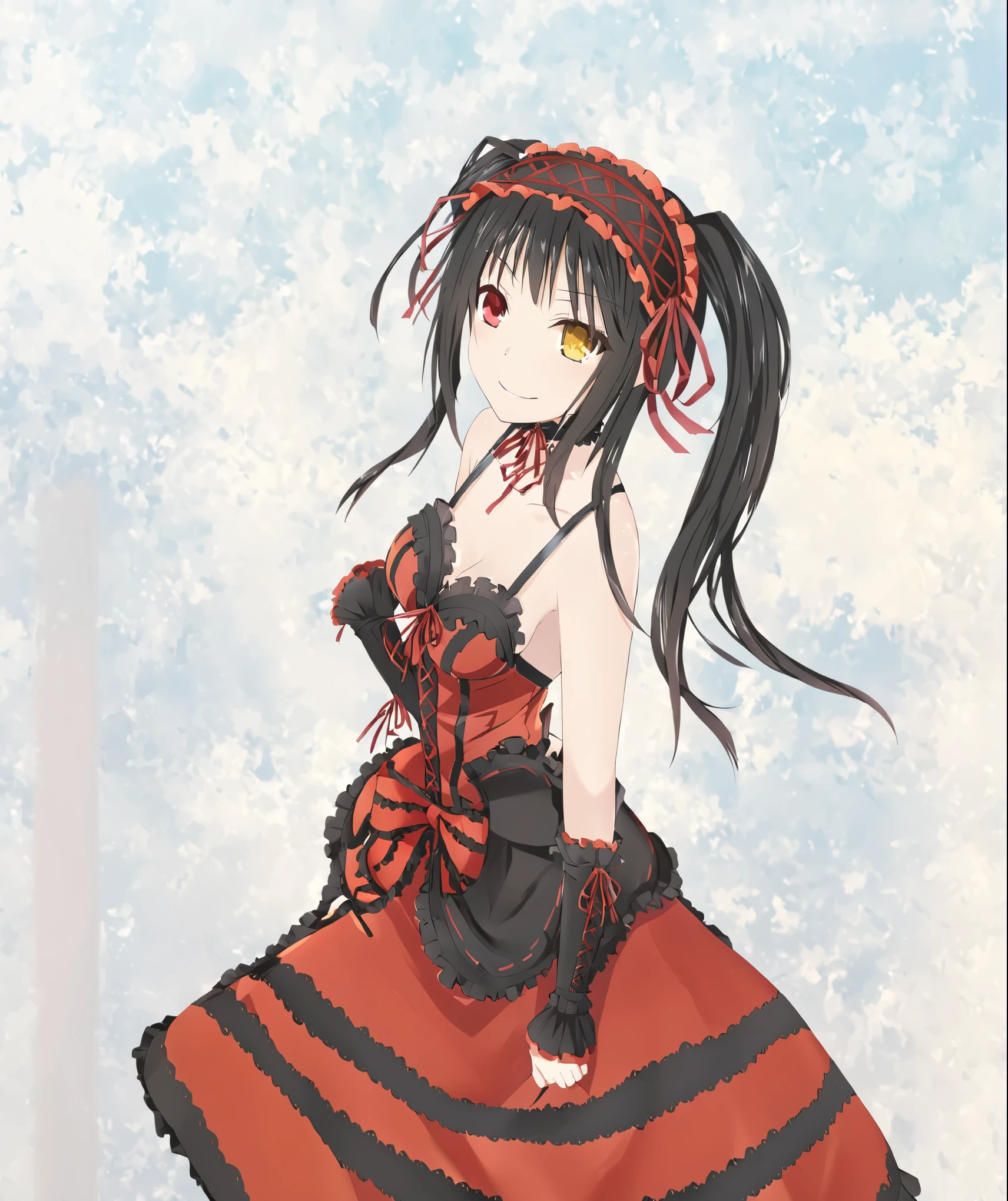 Kurumi Tokisaki, kurumi dress, KurumiBase, detached sleeves, frilled choker, 4k, kkkrumi\(double ponytail\), kkkrumi2Z\(hair over one eye\), kkkrumi\(gothic clothing\) , kkkrumi\(Hair Accessories\) , Evil smile,, higher angle, perspective, foreshortening, looking up, full body, full shot, dinamic pose, extremely detailed, clean lineart, neat, different red left eye and golden right eye, long hair, twin-tails, black hair, red and black ****ta dress, long black boots, black stockings, black garter belt), 1girl, tokisaki_kurumi, solo, twintails, breasts, clock_eyes, long_hair, black_hair, yellow_eyes, red_eyes, heterochromia, , hairband, ****ta_fashion, ****ta_hairband, symbol-shaped_pupils, floating_hair, collarbone, choker, ribbon, bare_shoulders, red_ribbon, dress