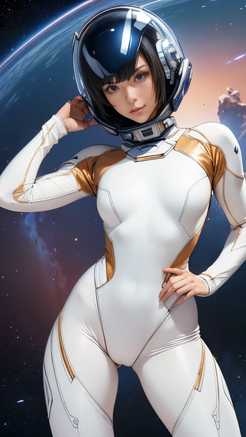 (masterpiece、highest quality、highest resolution、clear_image、Detailed details): (full body figure、15 year old girl、Japanese face、small face、thin、navy blue super short bob cut hair、blue colored eyes、((navy long sleeve space suit、space helmet))、headset、cosmic handbag、cute type、gentle smile、soft expression、headset、(((knee high boots)))、gloves up to the elbow、eye level shot、face directly、woman on a spaceship), (((camel toe))), ((Pure white leotard))